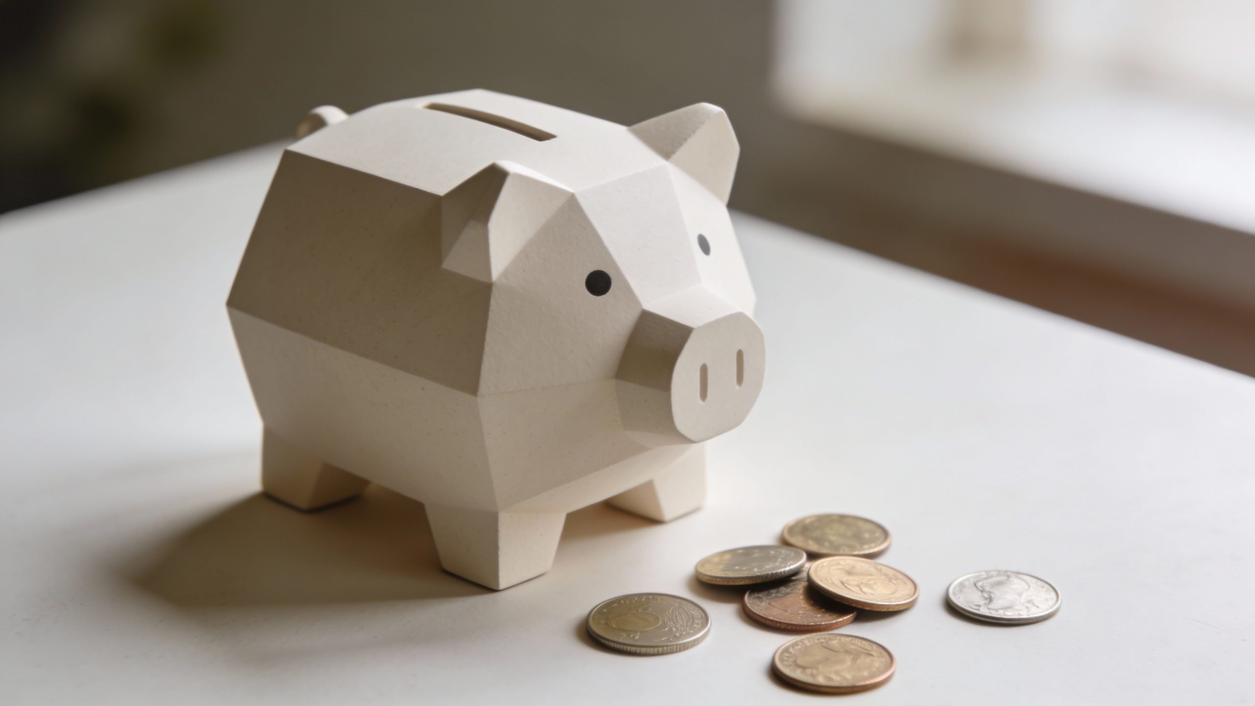 **Overhead shot of a minimalist piggy bank with coins**