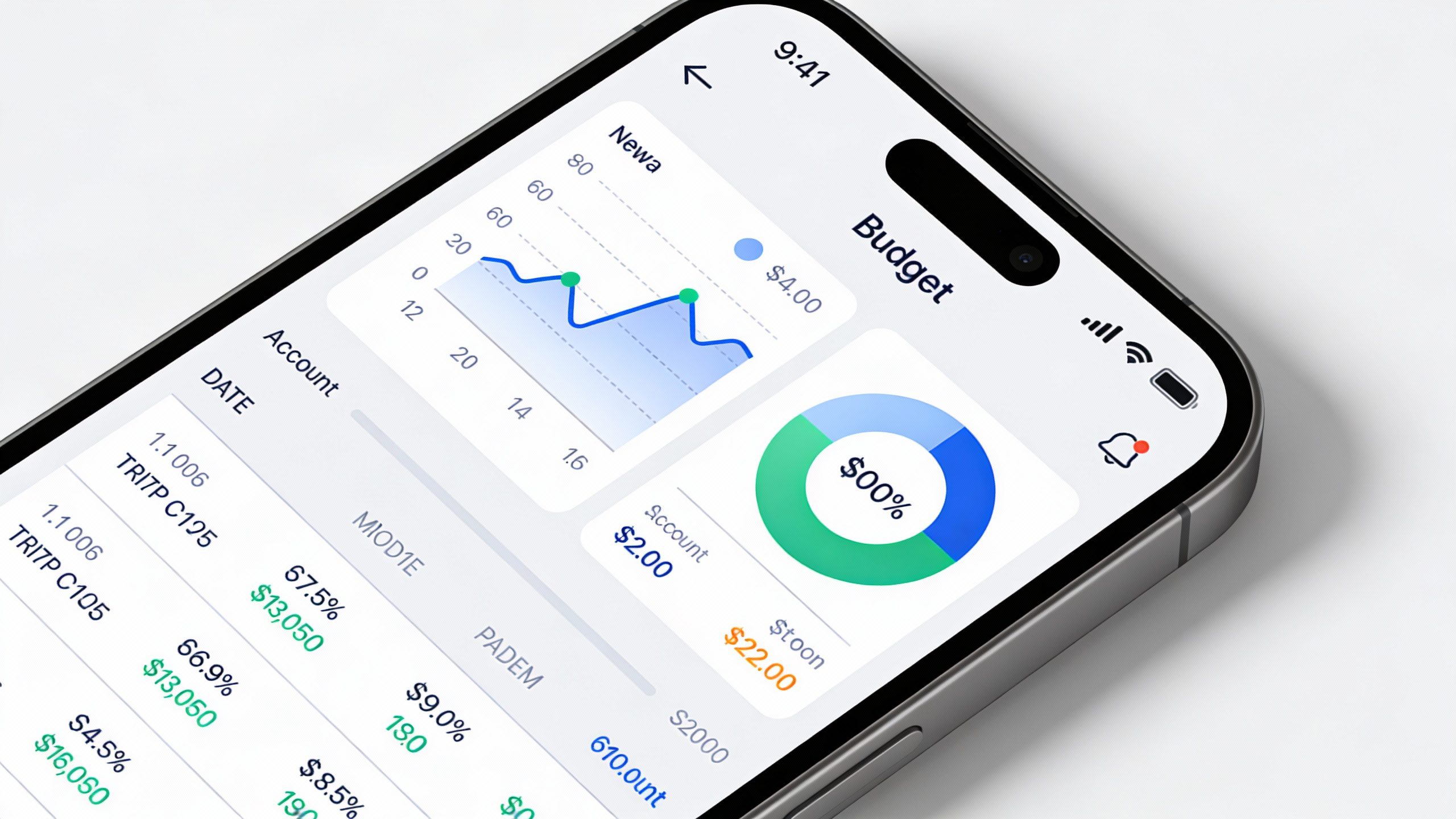 **Closeup of a smartphone screen showing a budgeting app (Mint or YNAB)**