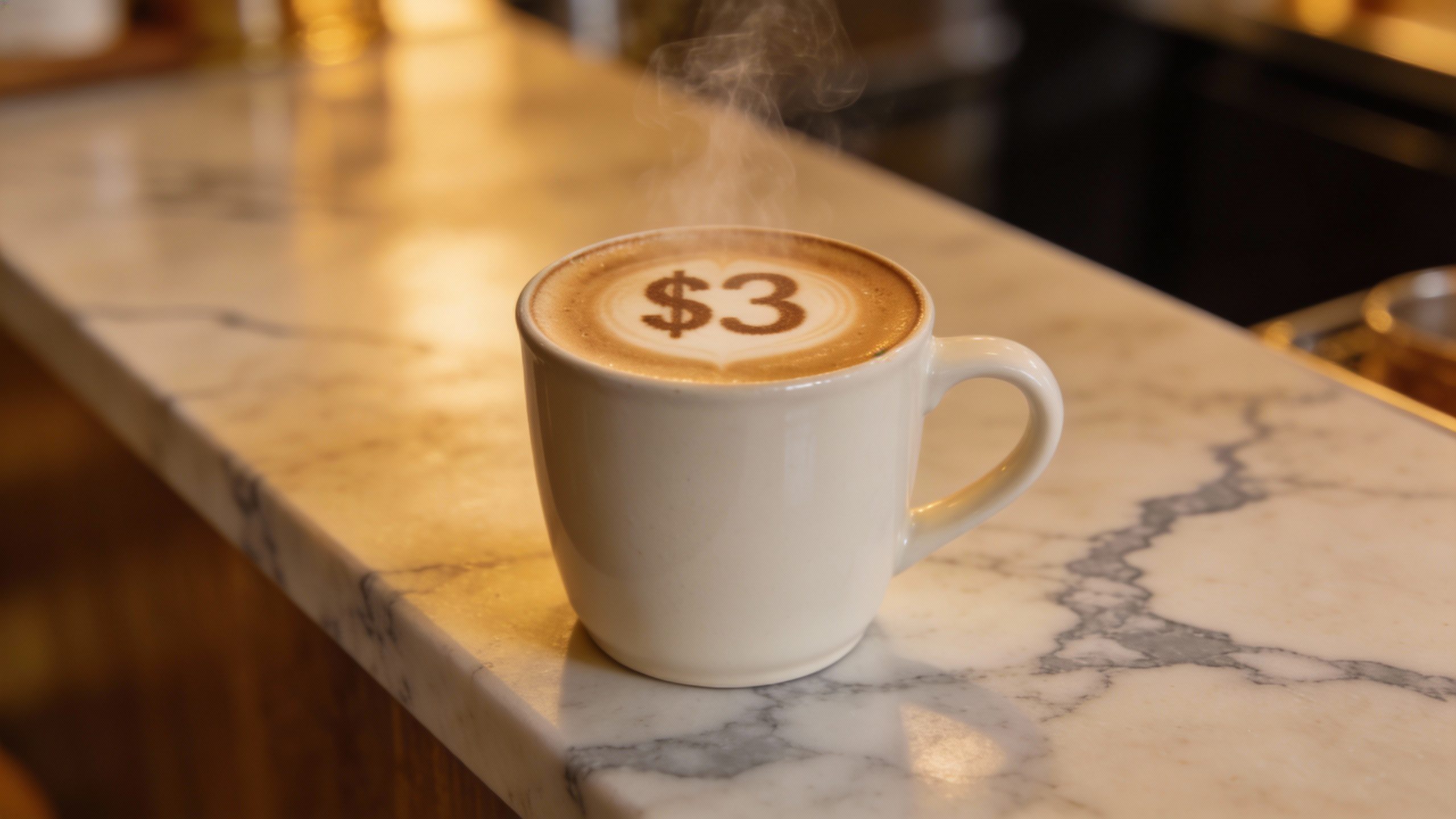 **Steaming $3 latte in a white ceramic mug on a marble counter**