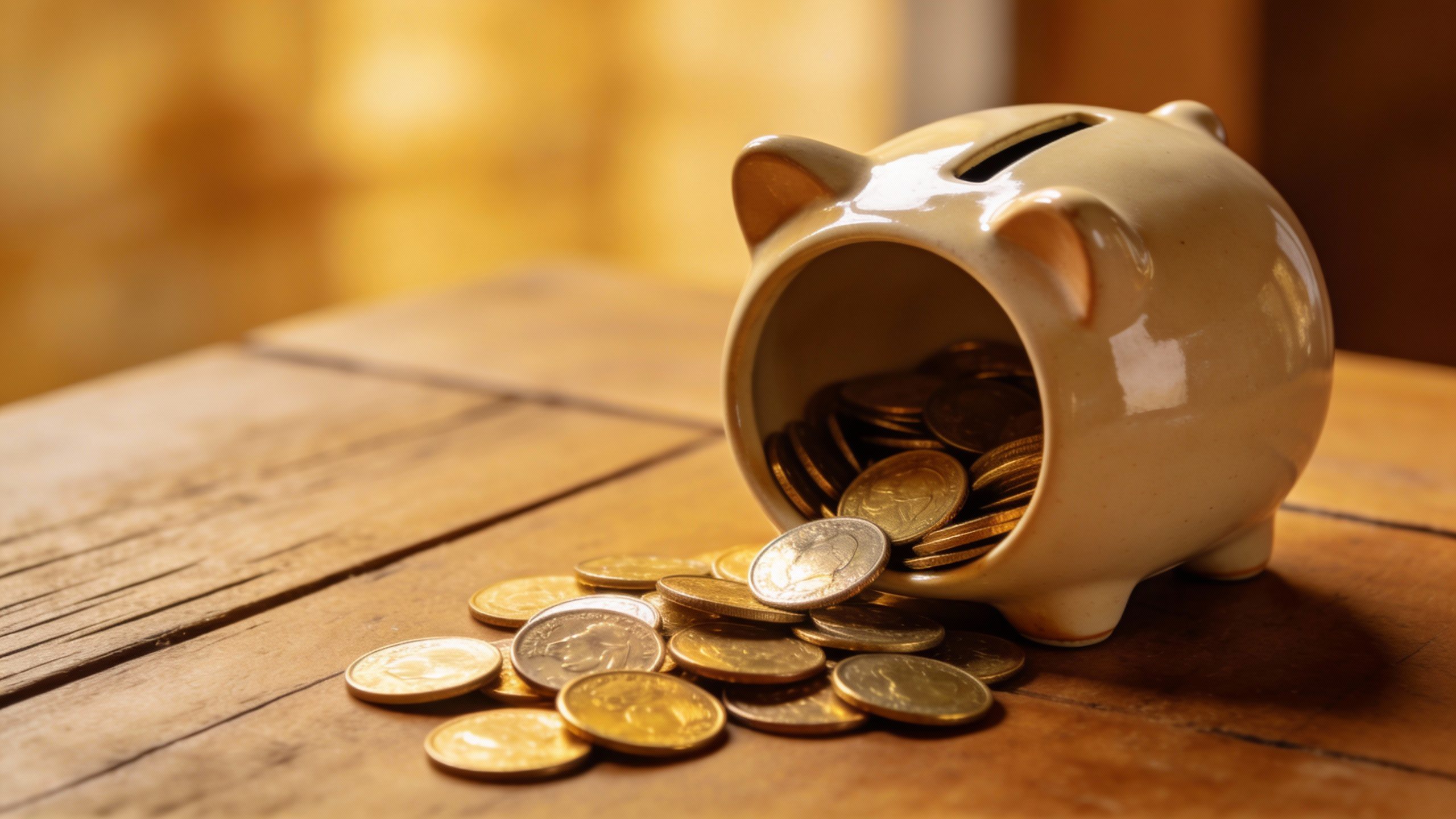 **Piggy bank with coins spilling out onto a wooden table**