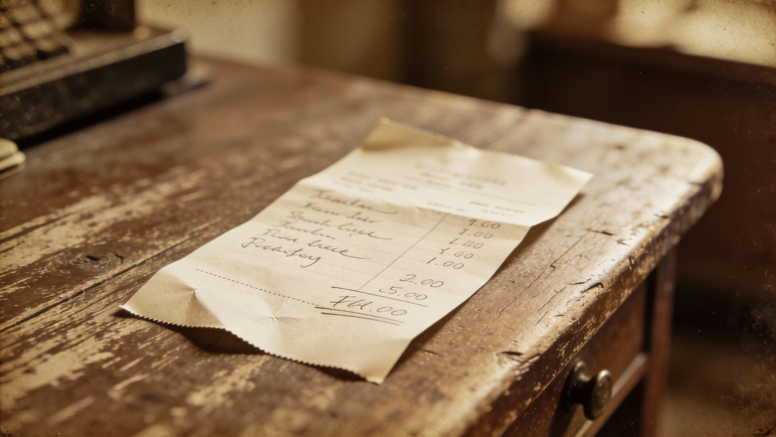 **Single handwritten receipt on a wooden desk**