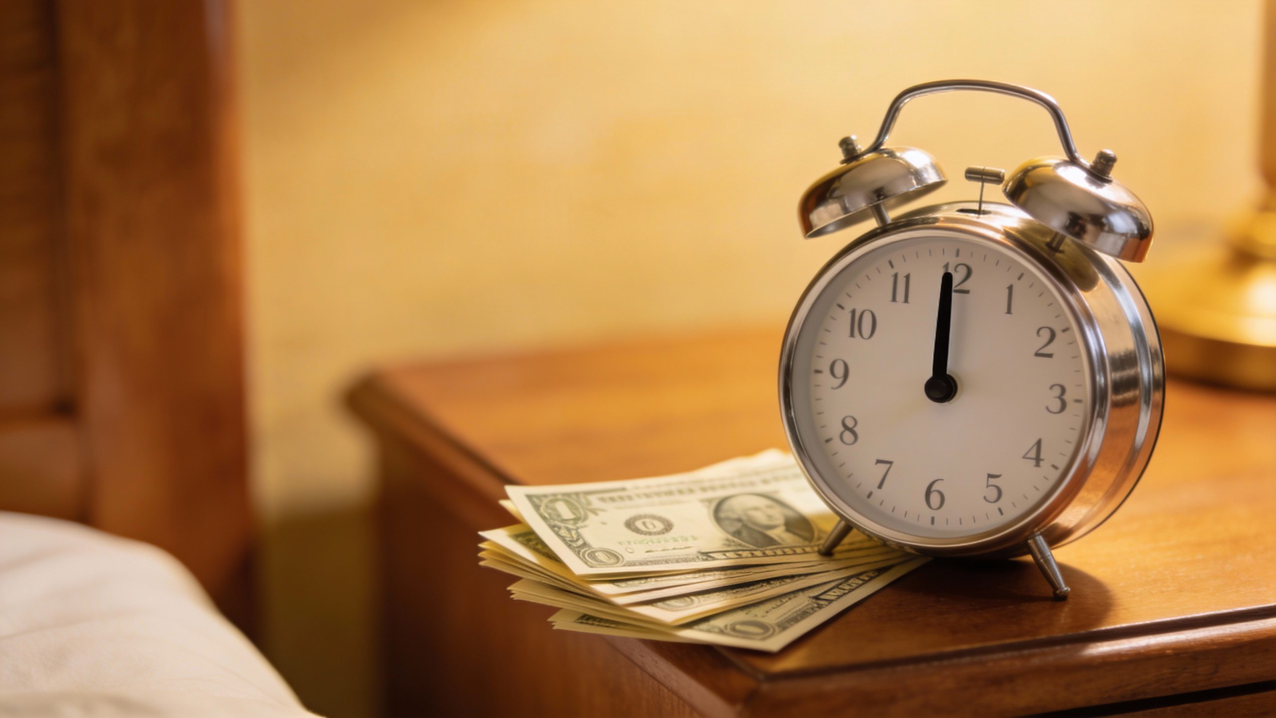 **Alarm clock set to 6 AM with dollar bills beside it**