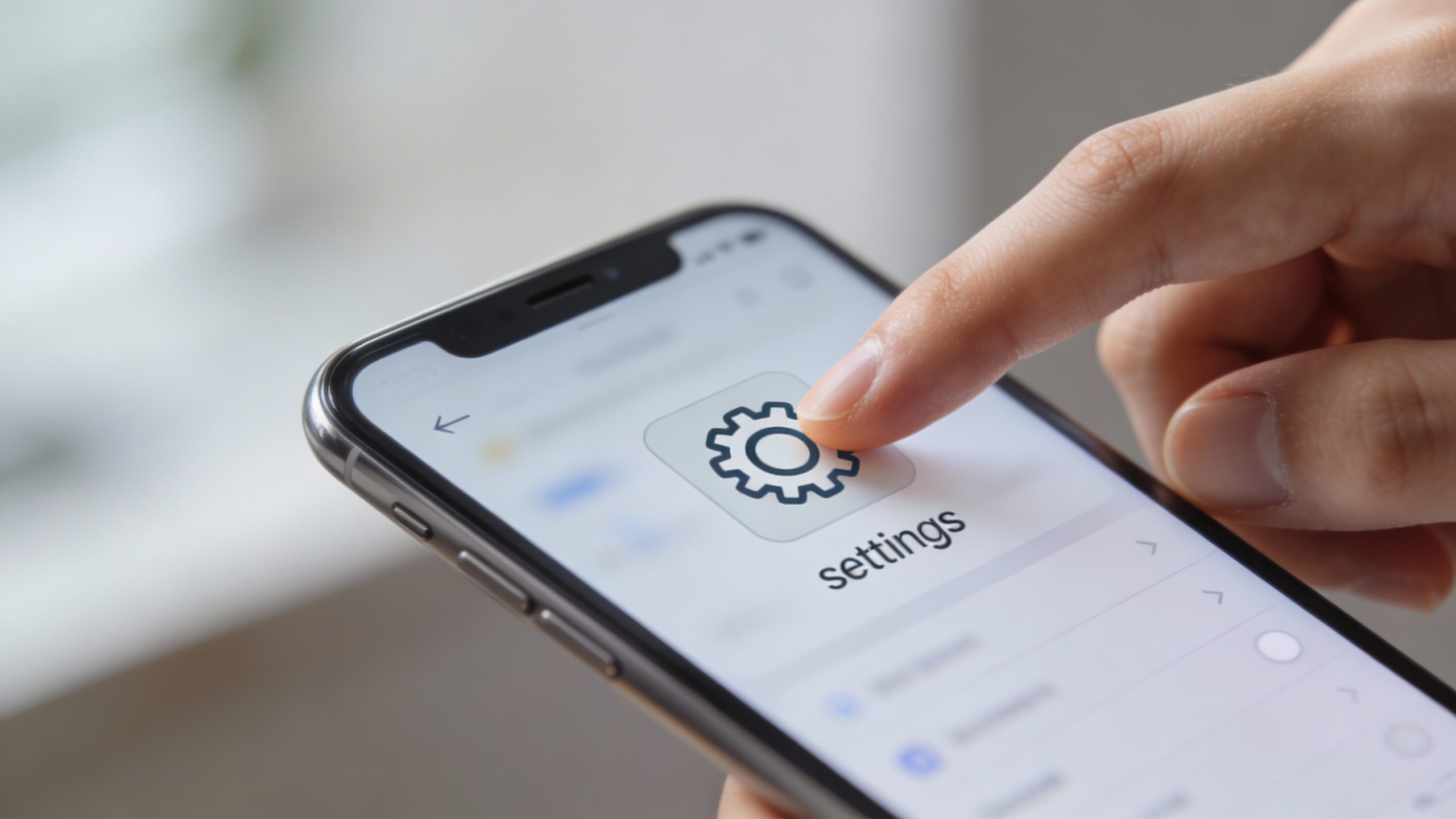Closeup of a person tapping settings on a smartphone screen