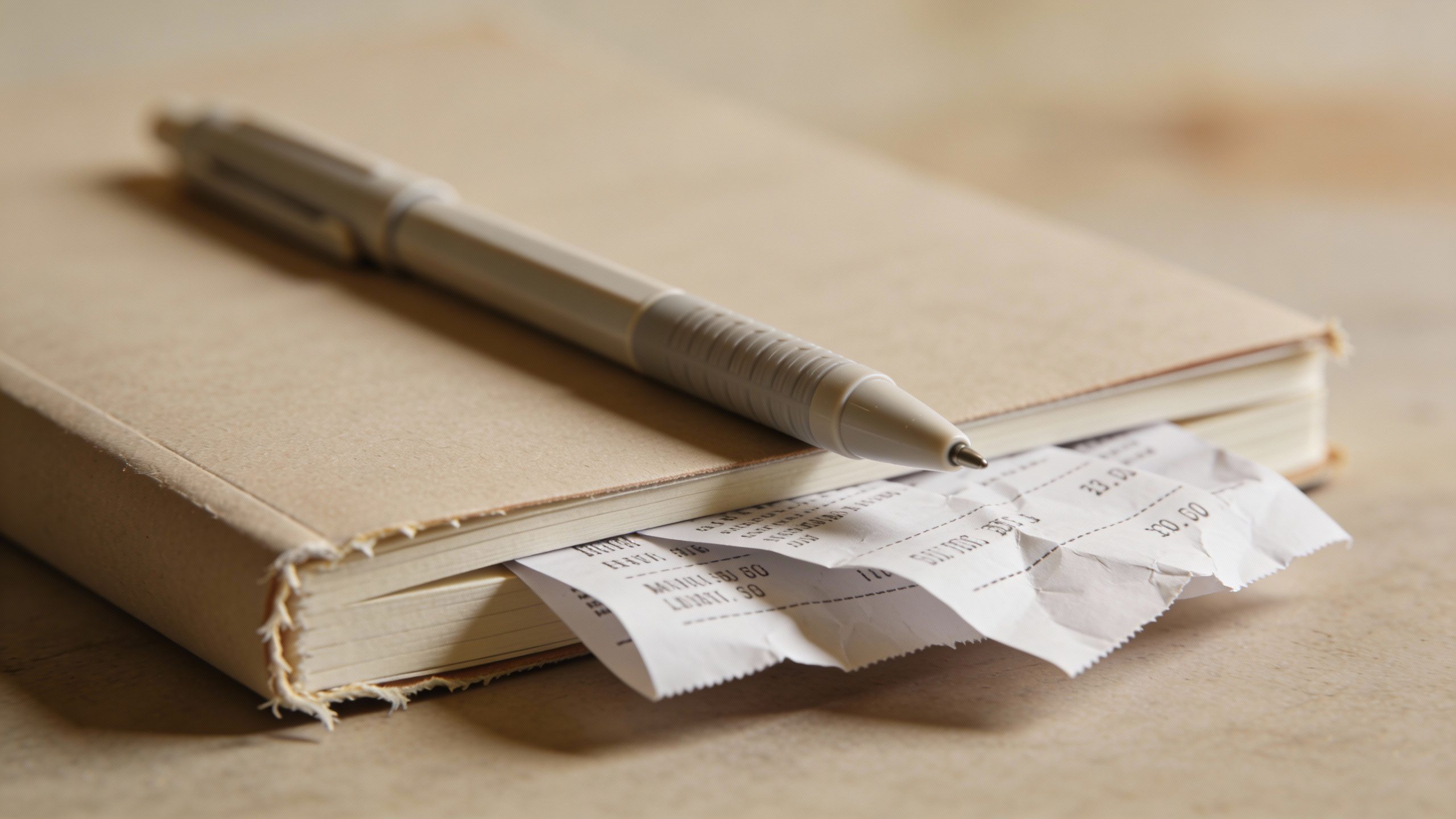 closeup of a single budget notebook with a pen and receipts