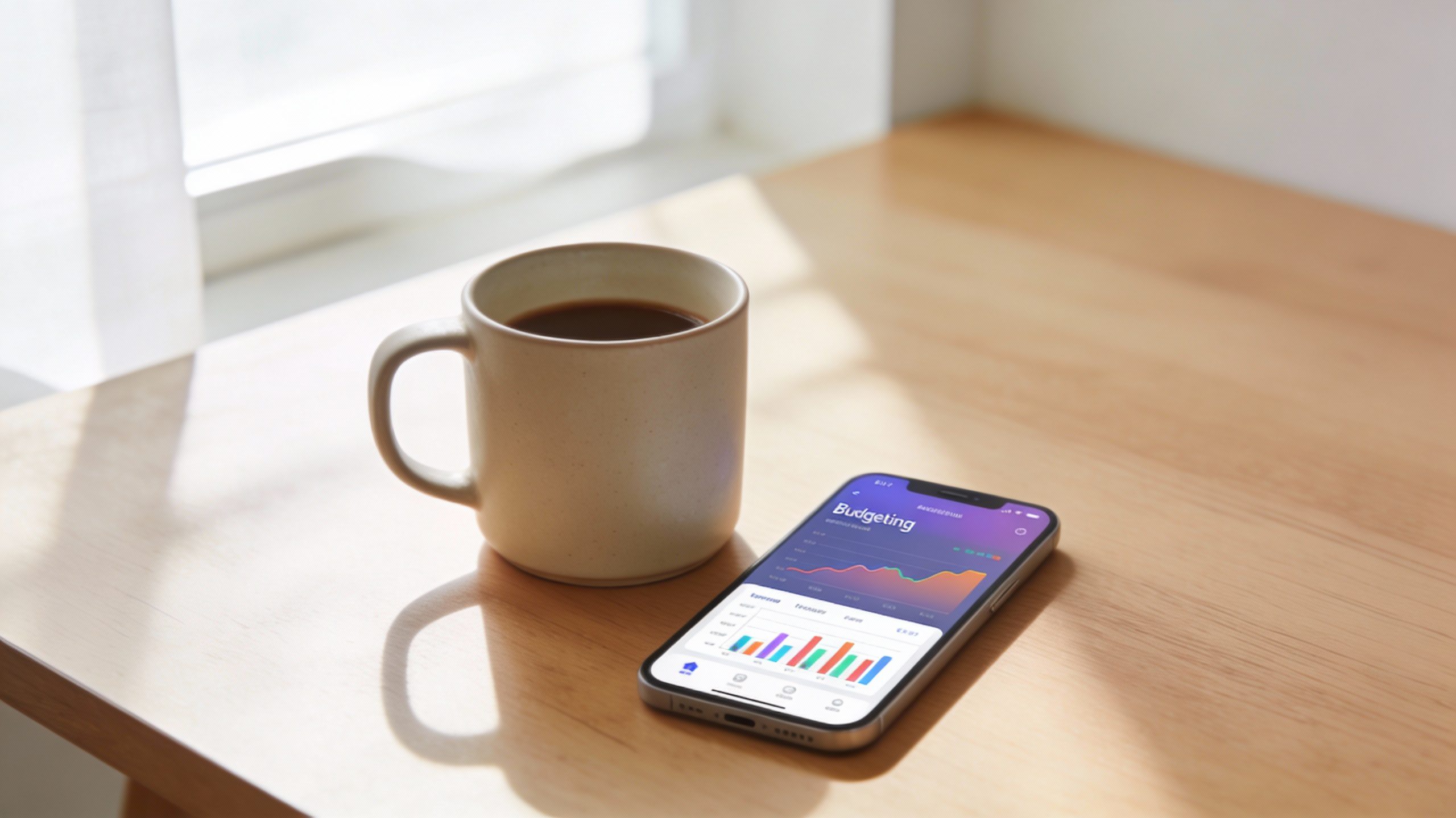 closeup of a single coffee mug on a clutter-free desk showing a budgeting app open