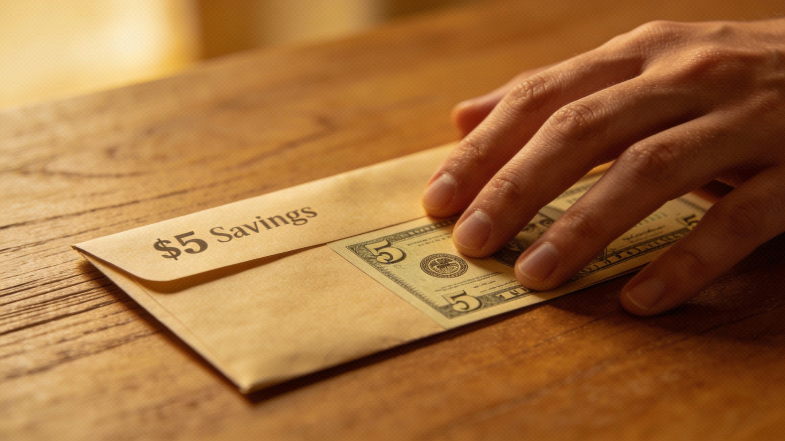 closeup of a hand placing a $5 savings envelope on a wooden table