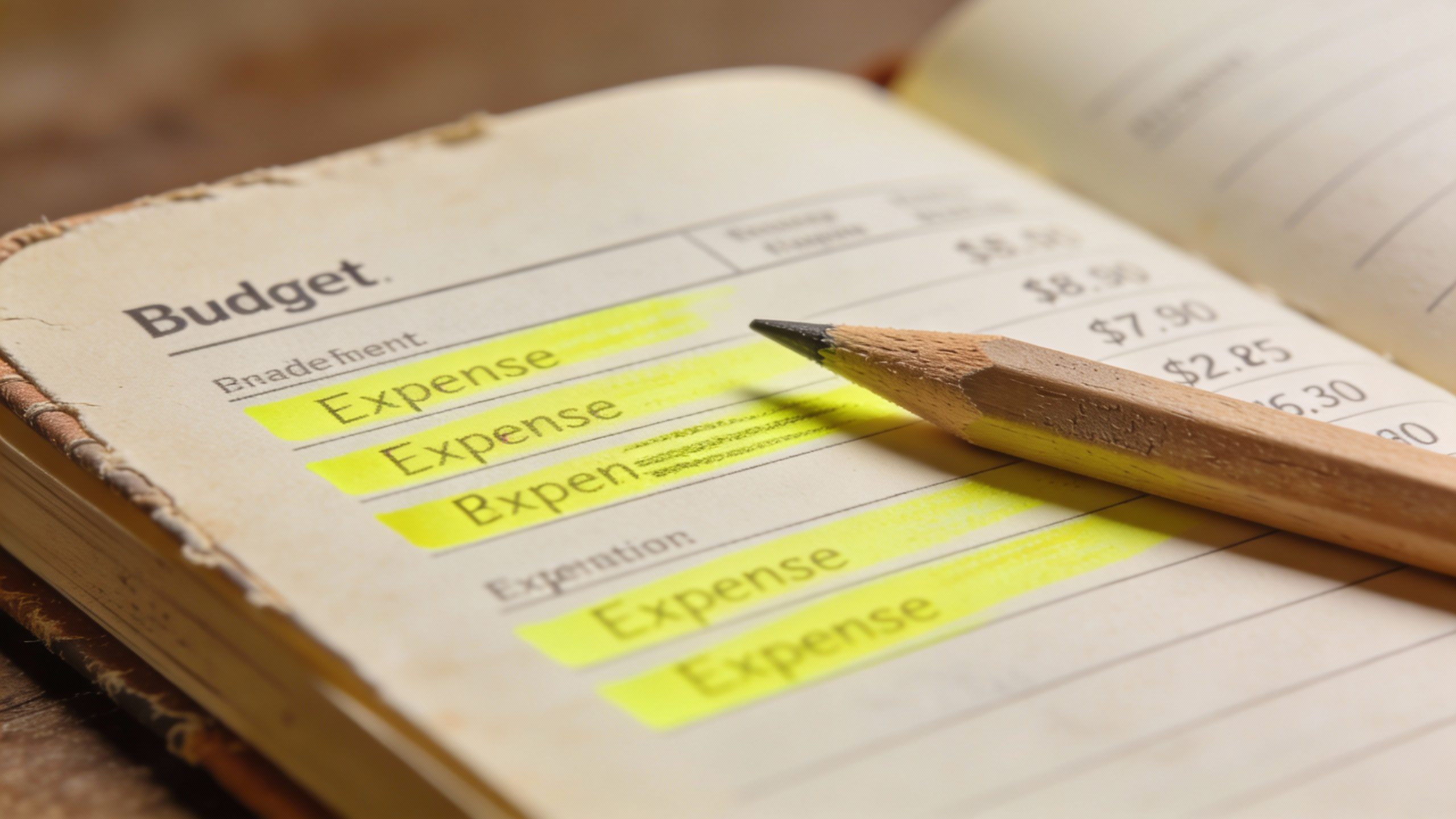 closeup of a budget notebook with a pencil and highlighted expenses