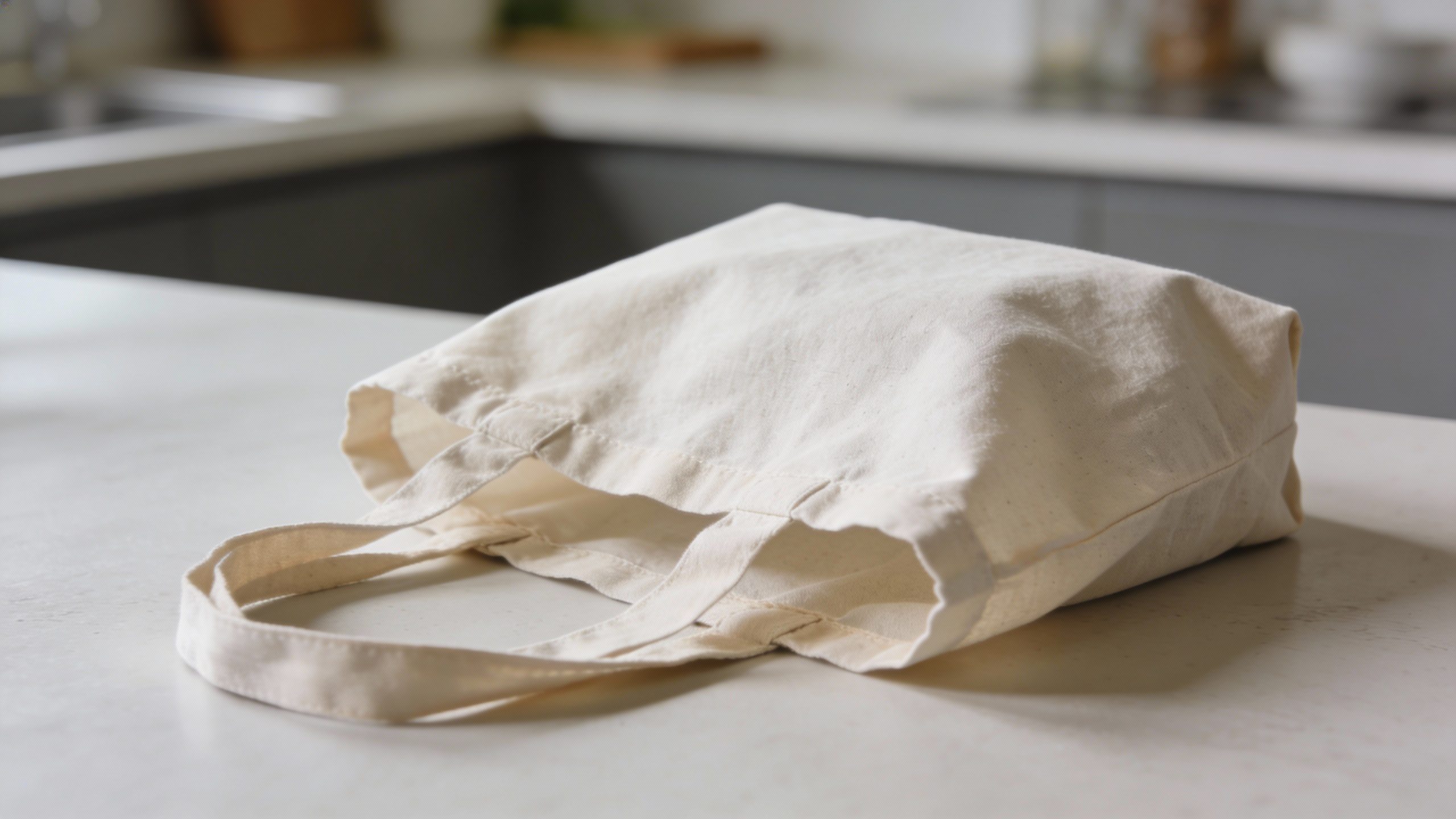 closeup of a single reusable grocery bag on a clean countertop
