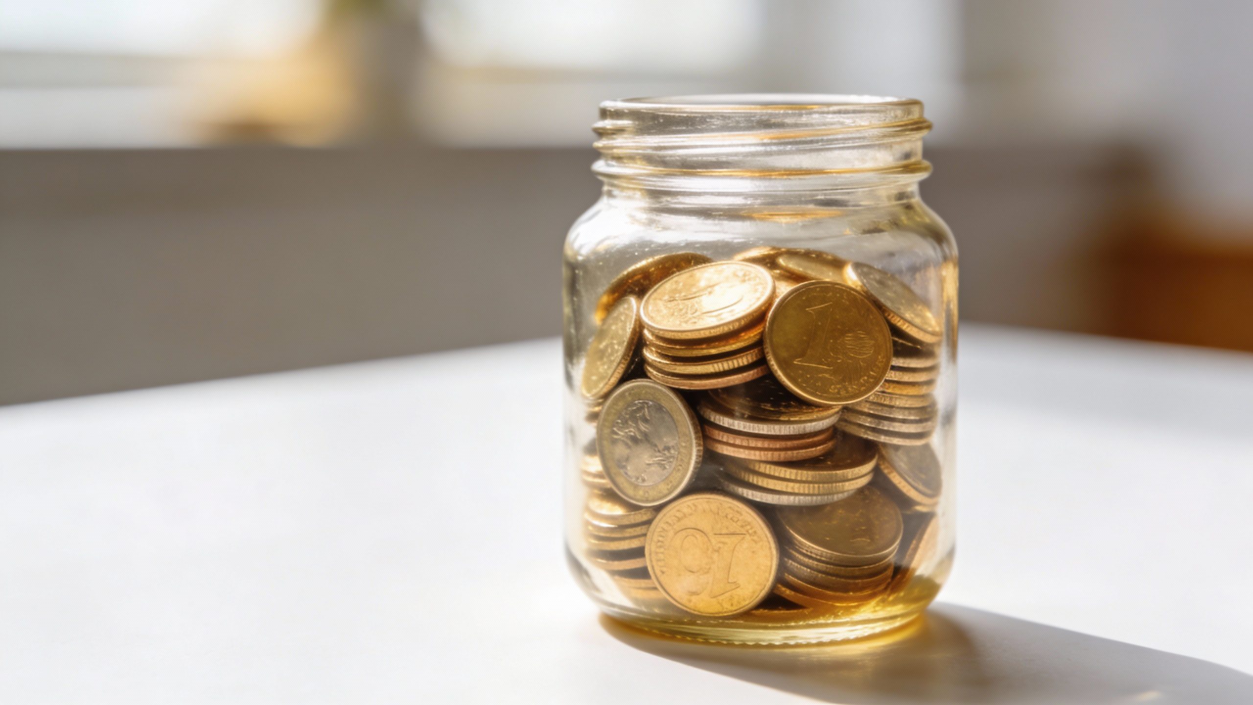 Closeup of a single savings jar filled with coins on a clean white desk