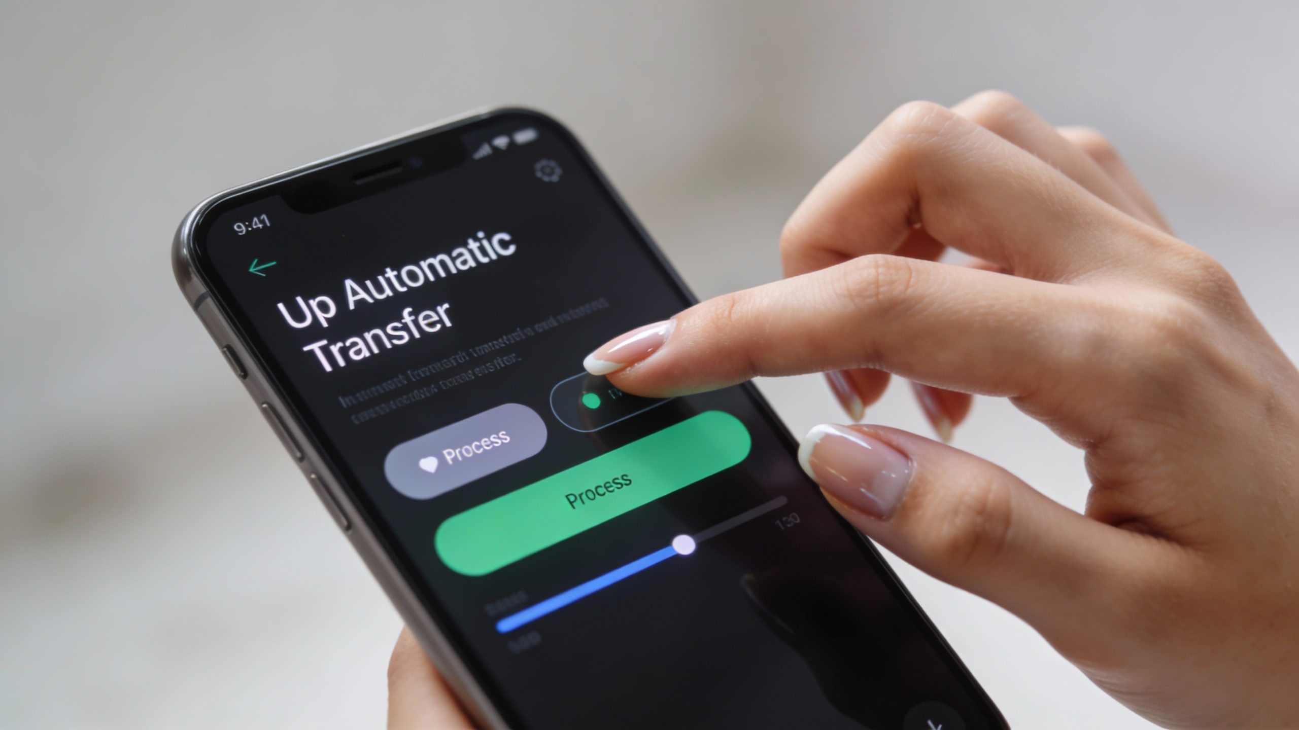 Closeup of a hand setting up automatic transfer on a smartphone screen