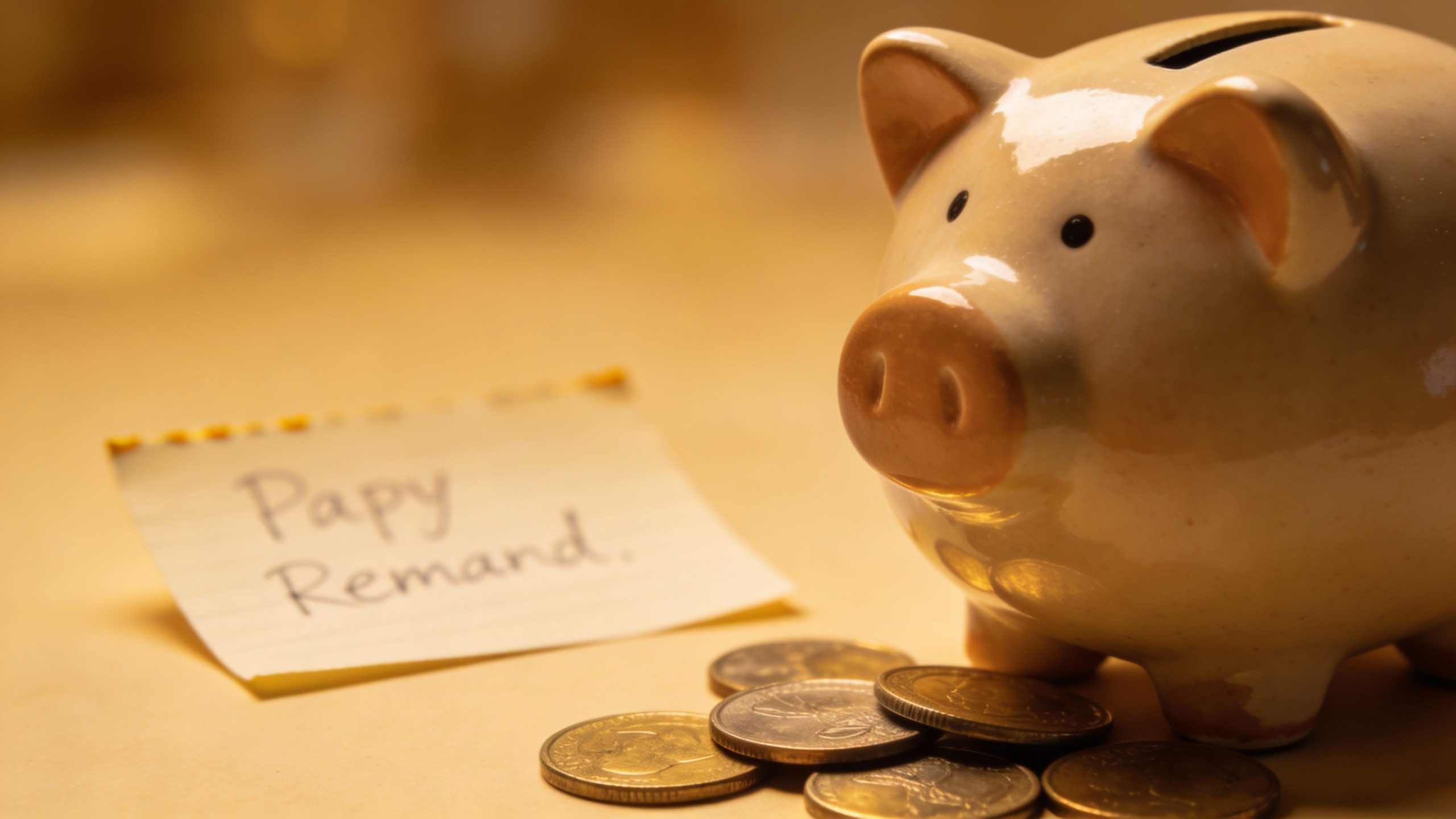 Closeup of a piggy bank with coins and a payday reminder note in background