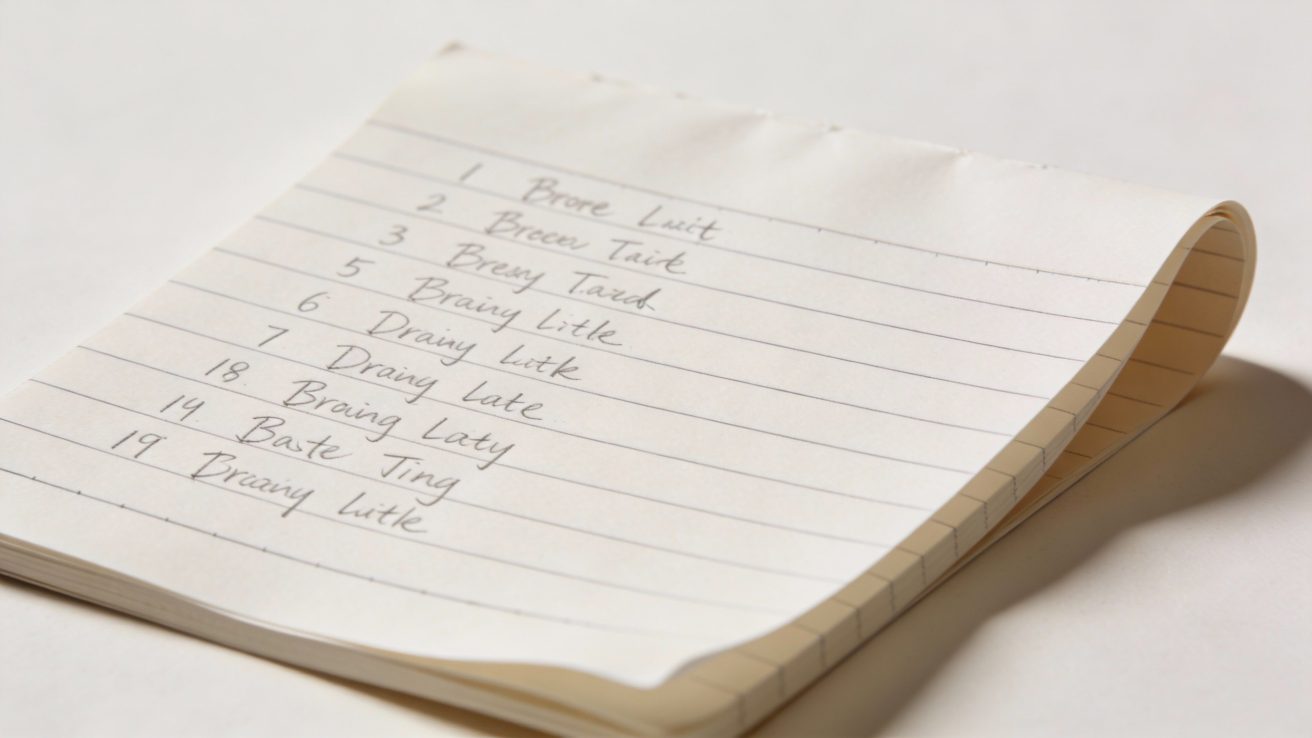 Closeup of a single well-organized grocery list on a lined notebook