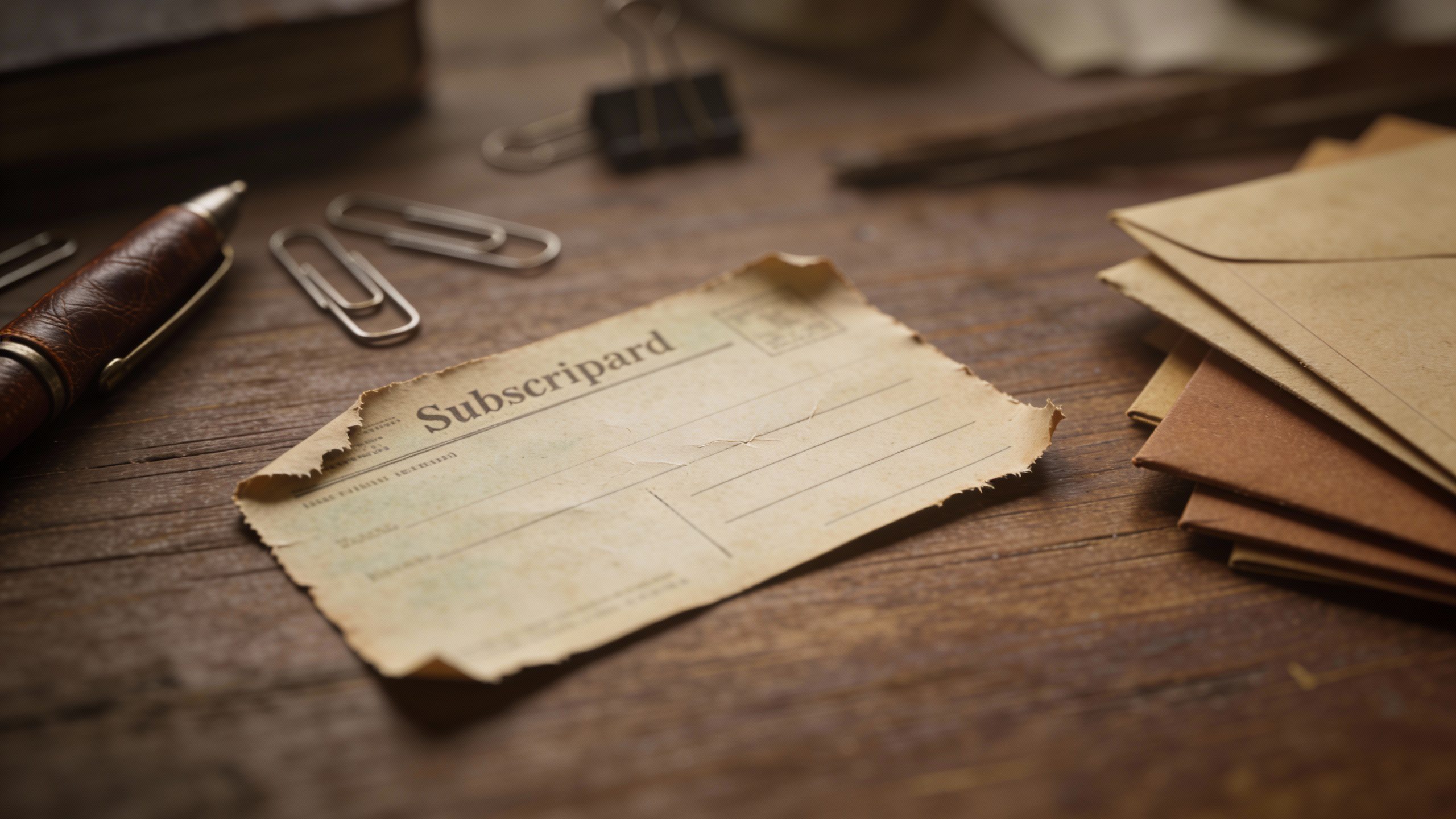 Closeup of a single faded subscription card on a cluttered desk