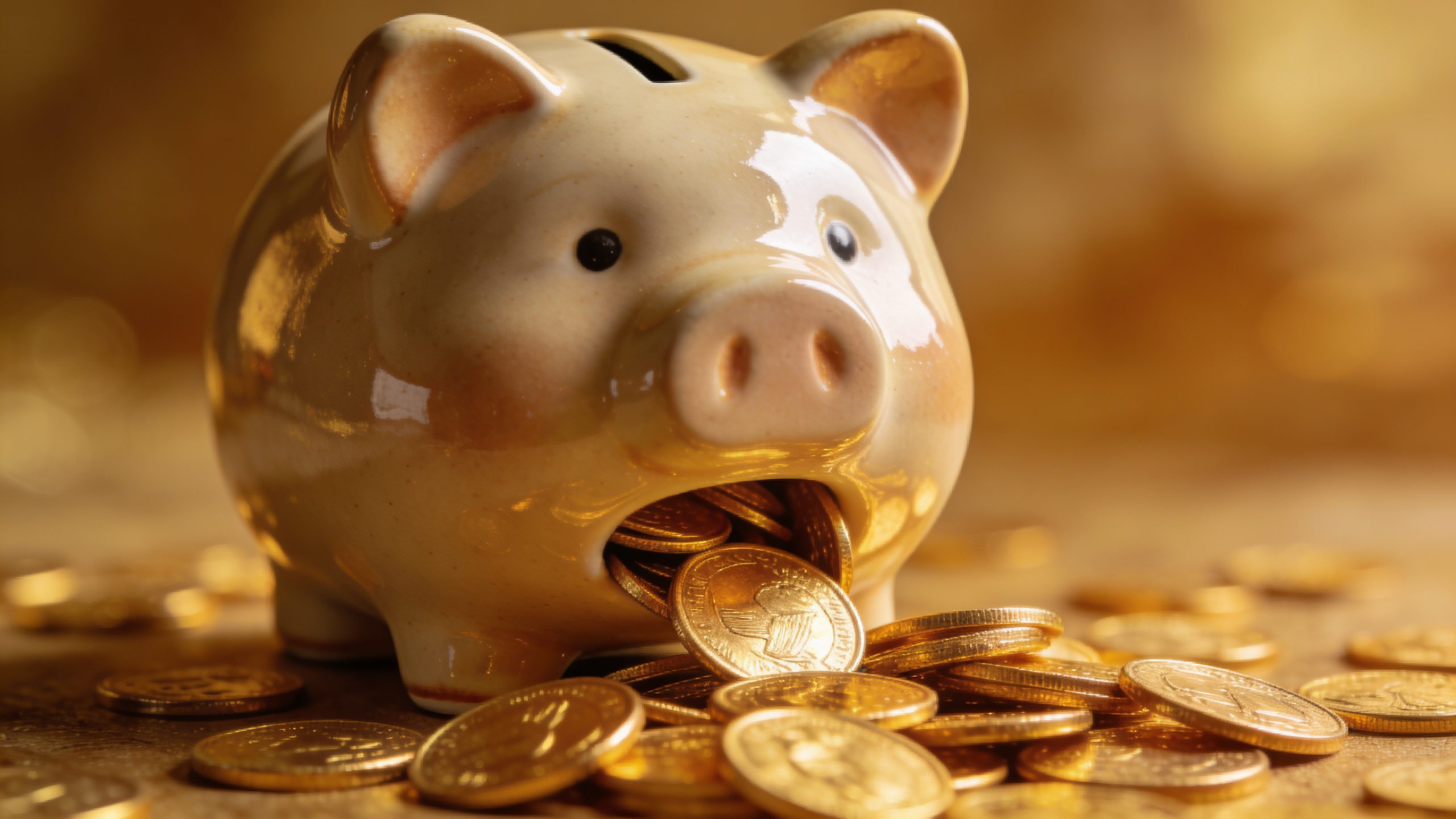 **Closeup of a piggy bank with golden coins spilling out**