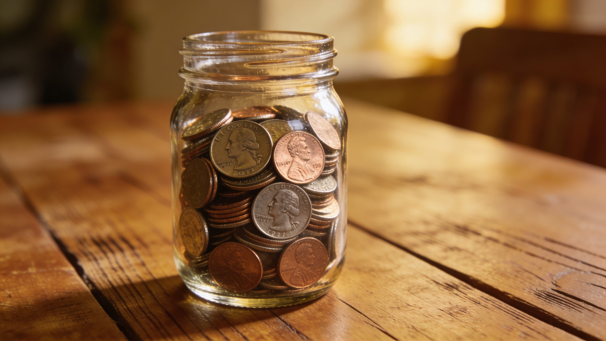 **Single glass jar filled with assorted coins on a wooden table**