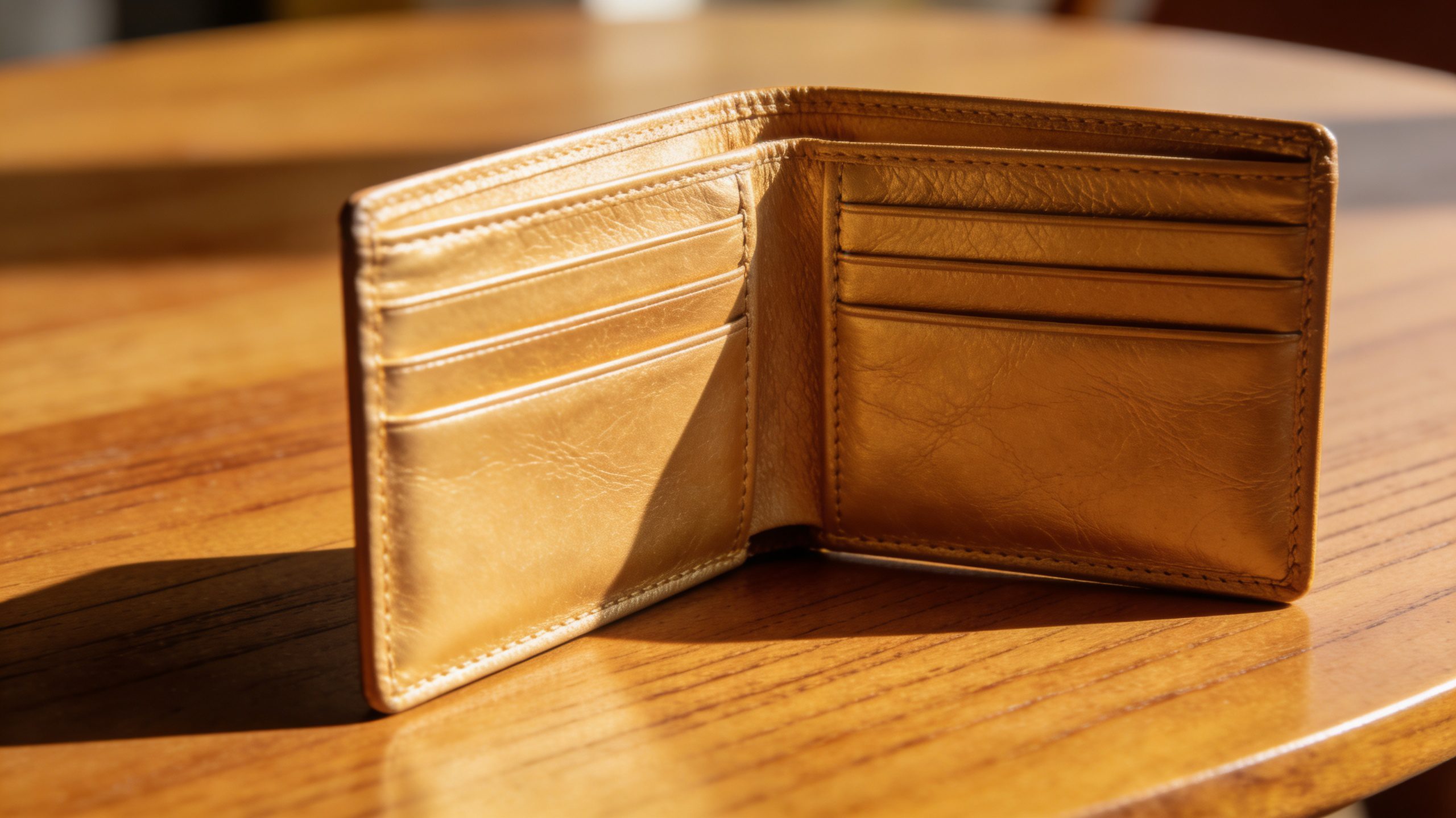 **Closeup of an empty leather wallet on a wooden table**
