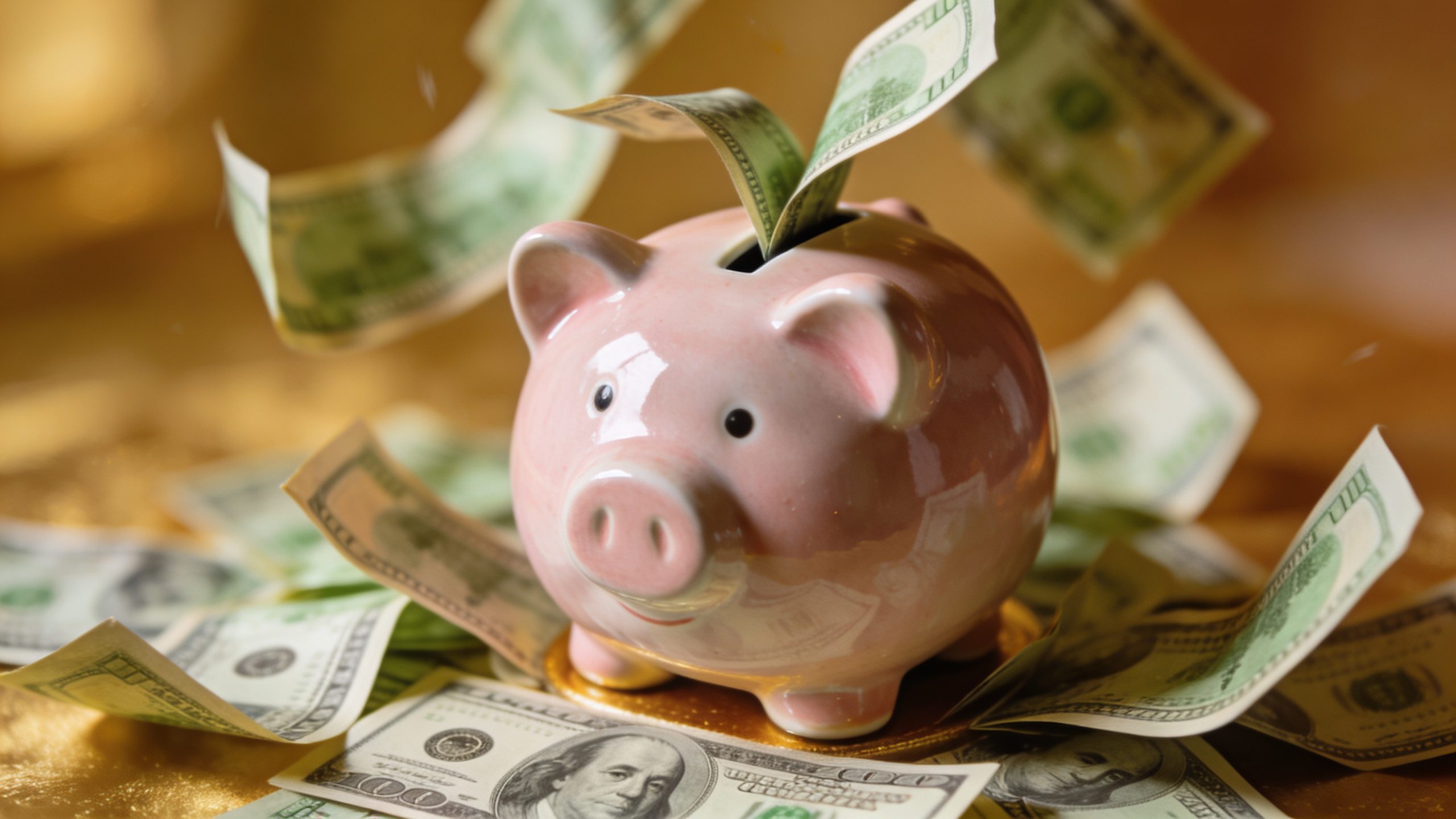 **Closeup of a piggy bank with dollar bills spilling out**