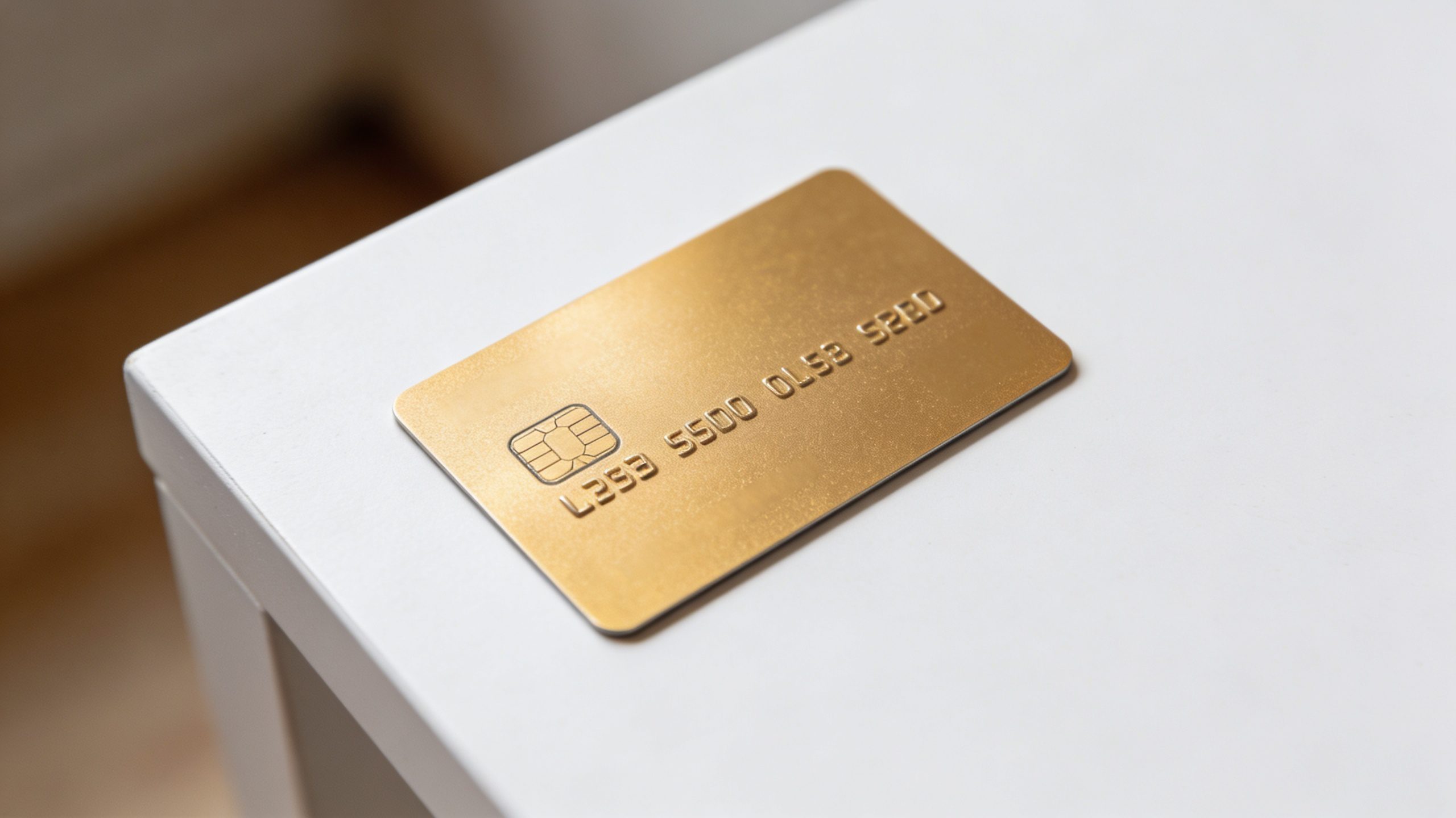 **Gold credit card on a minimalist white surface**