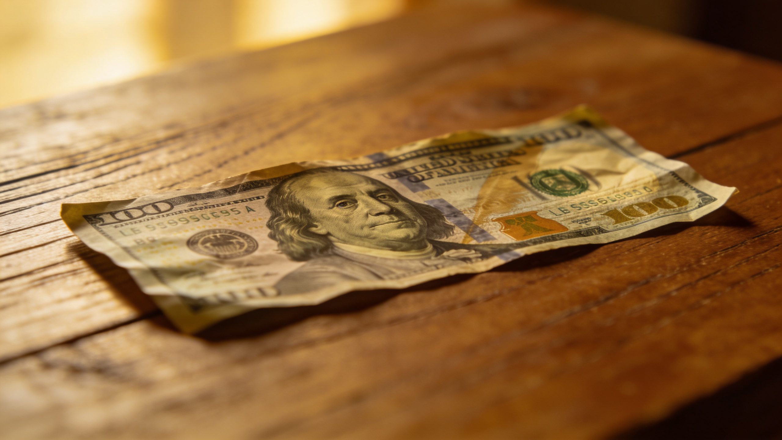 **Single wrinkled dollar bill on wooden table**