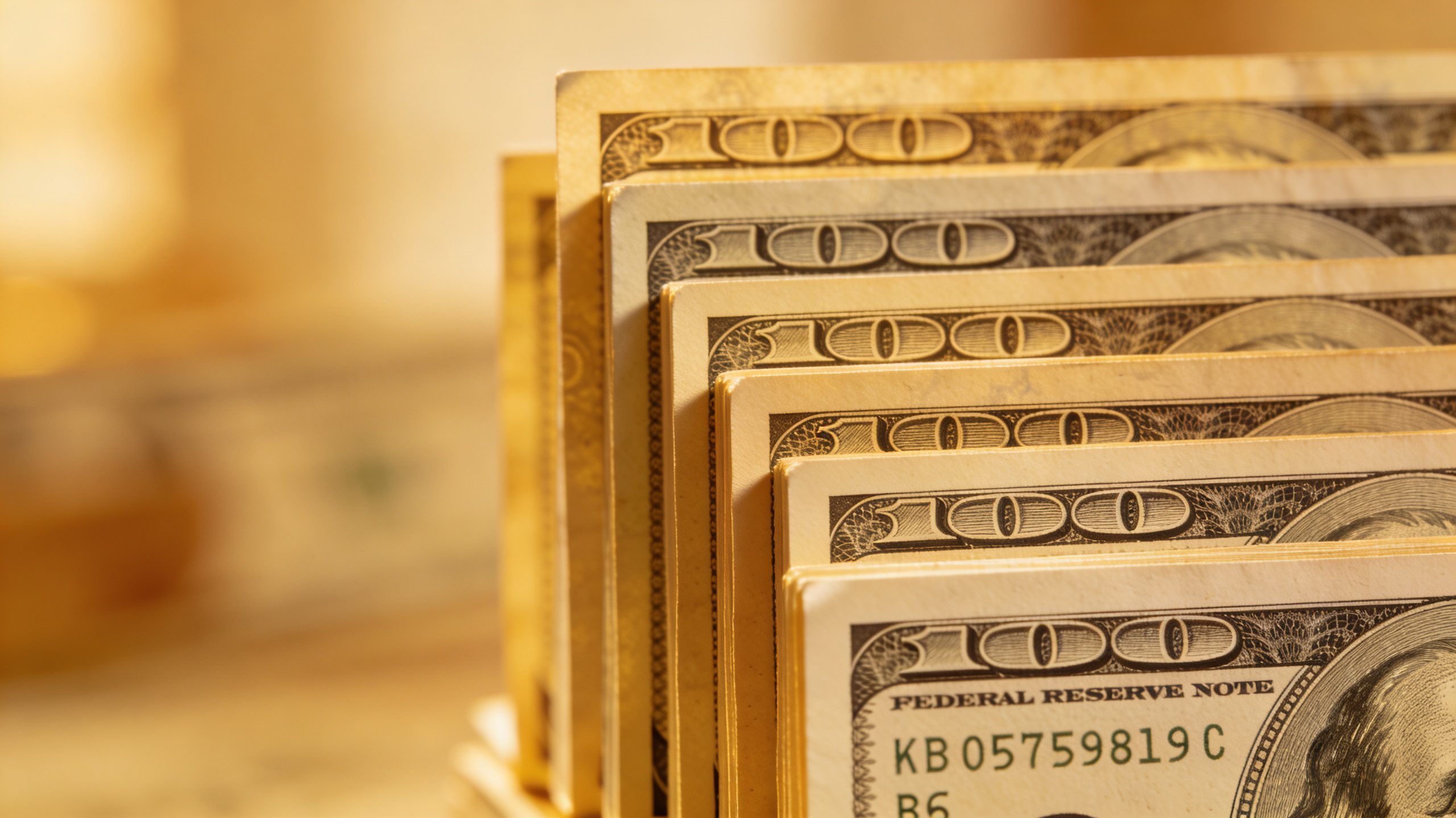 **Closeup of stacked dollar bills in ascending increments**