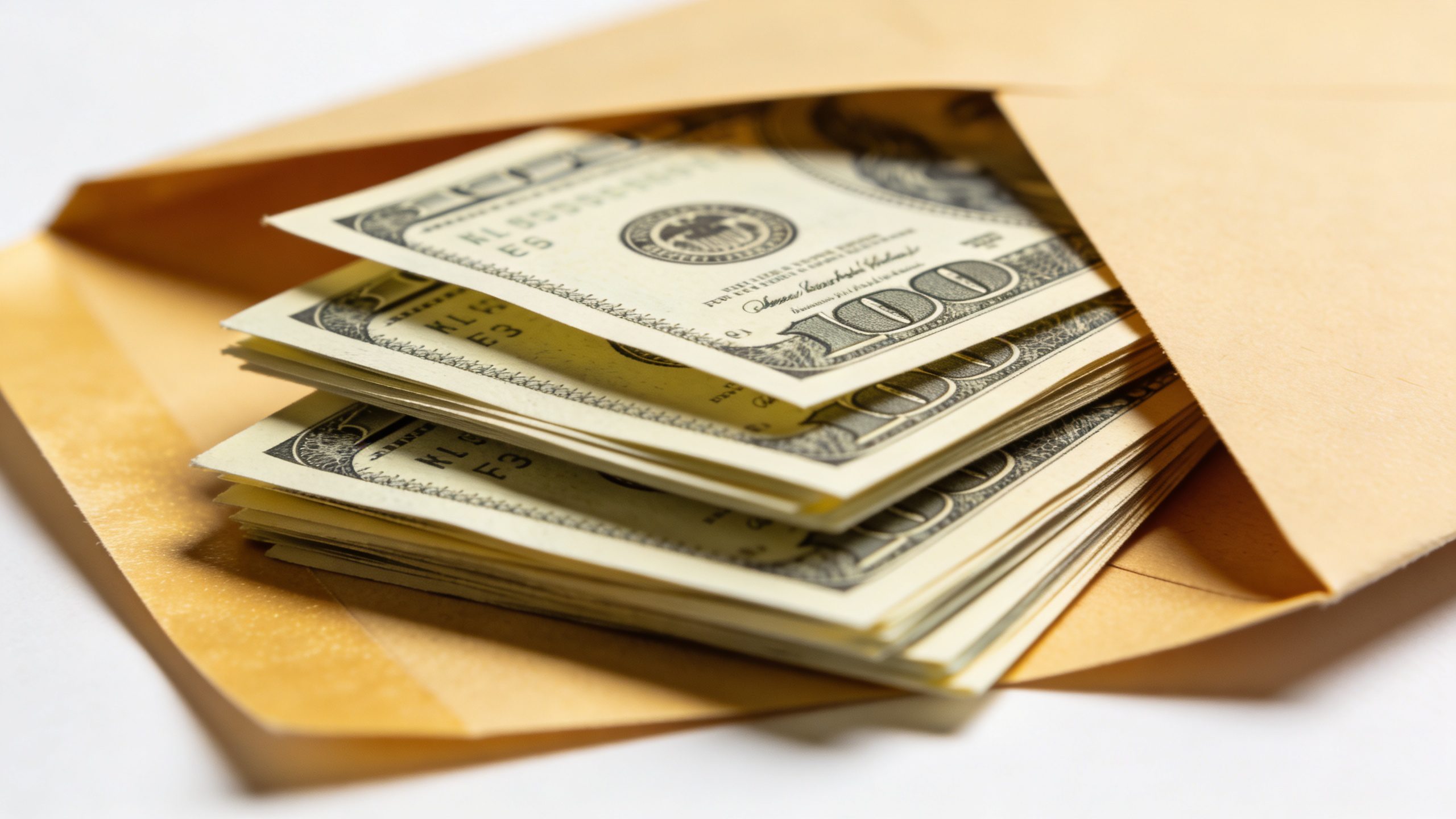 **Stack of crisp dollar bills inside an open envelope**
