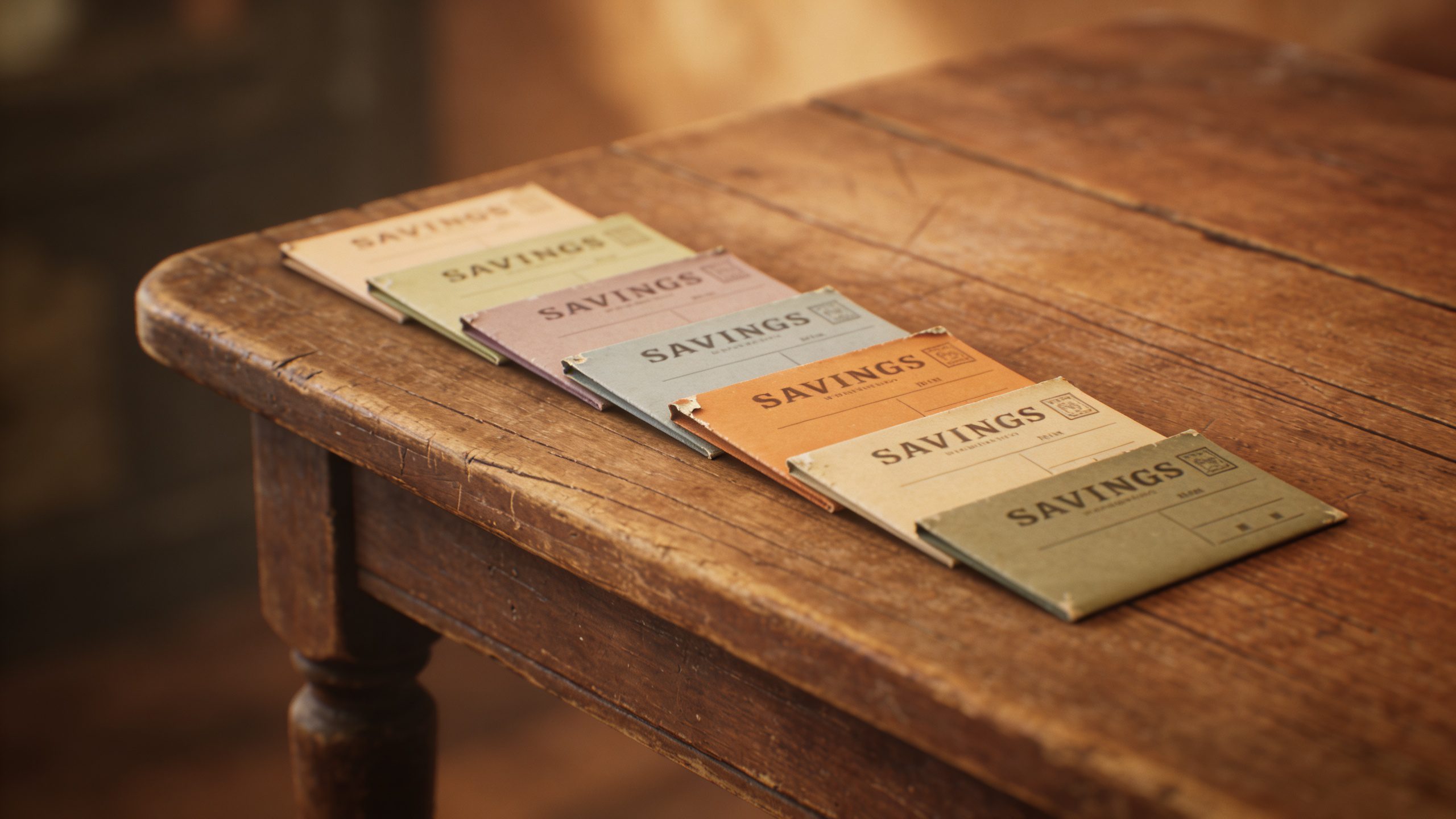 **Single vintage wooden table with a lined-up row of savings envelopes**