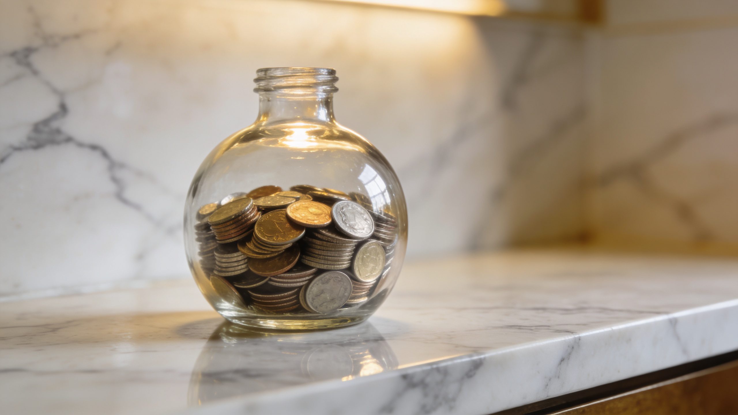 **Single glass jar filled with coins on marble counter**