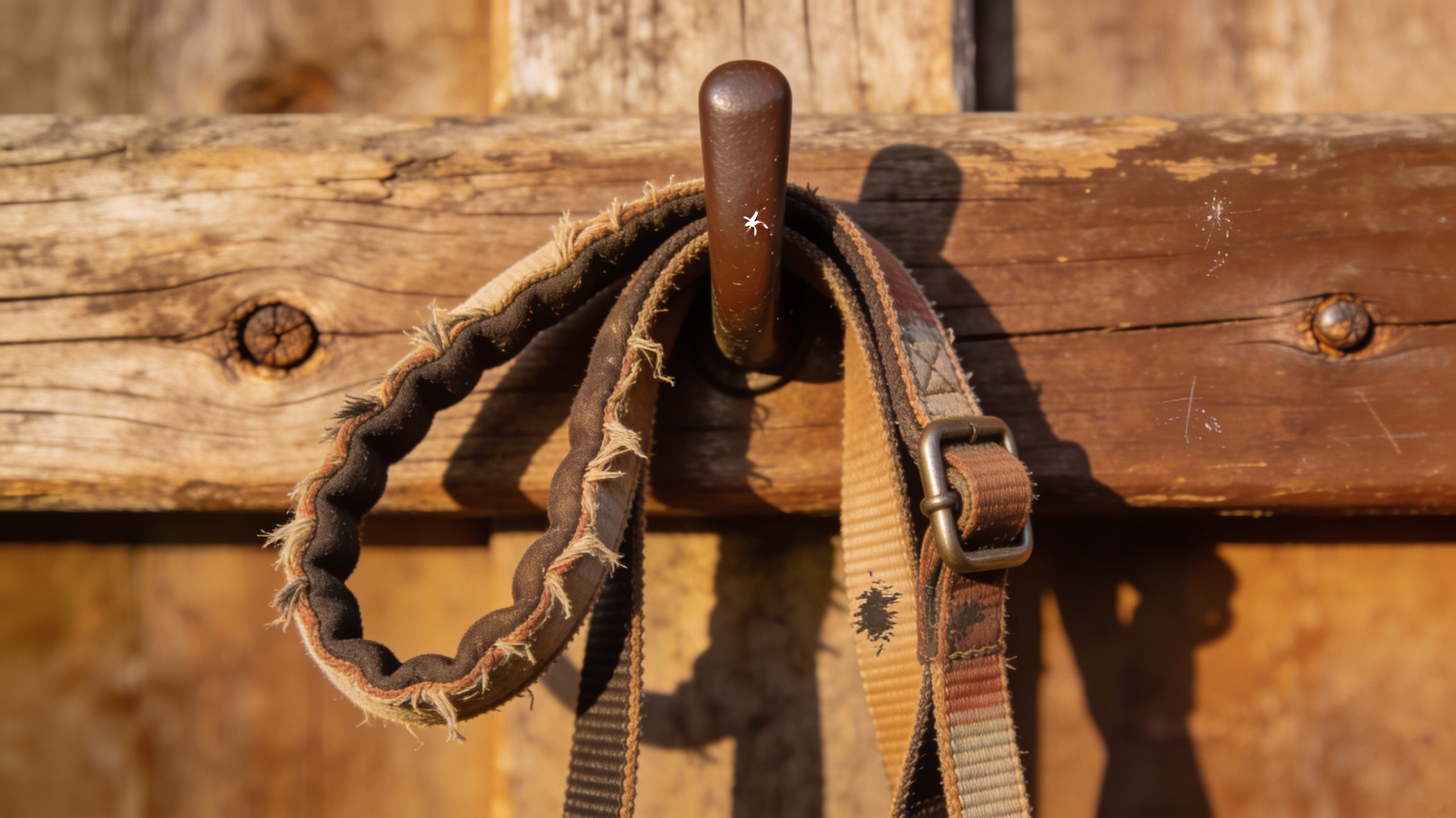 closeup of worn dog-walking leash on wooden hook