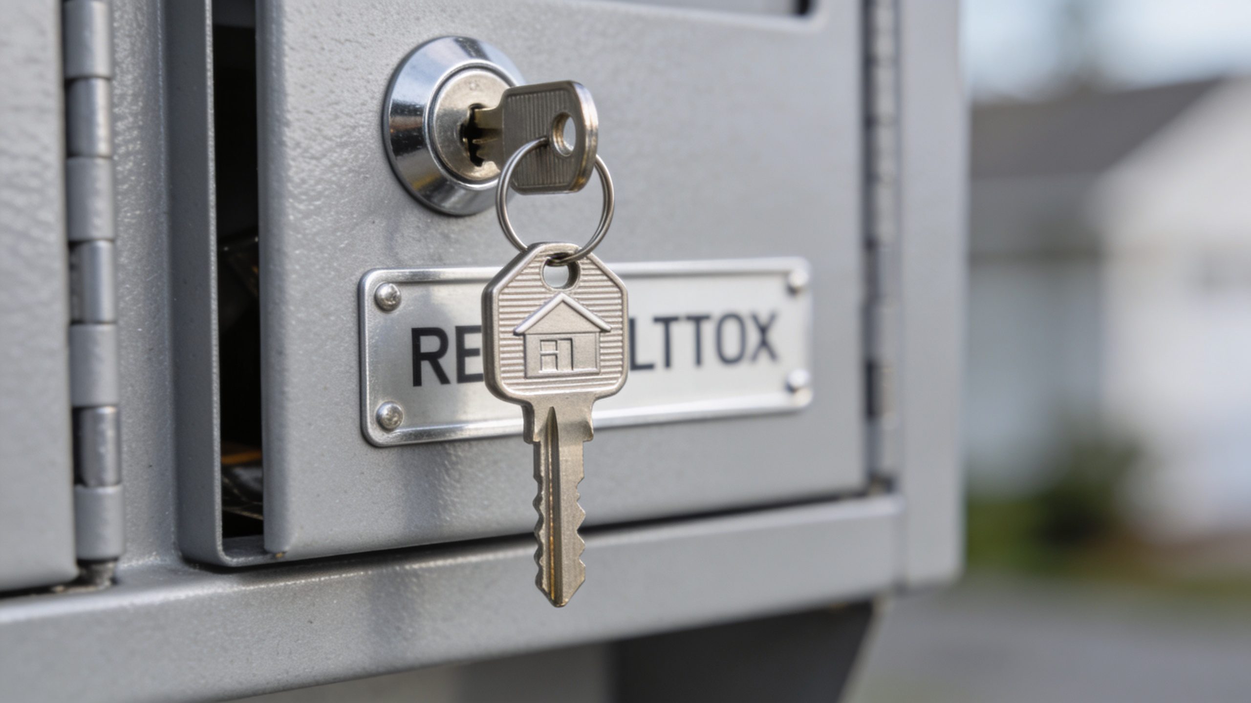 single house key in realtor-style lockbox, shallow depth