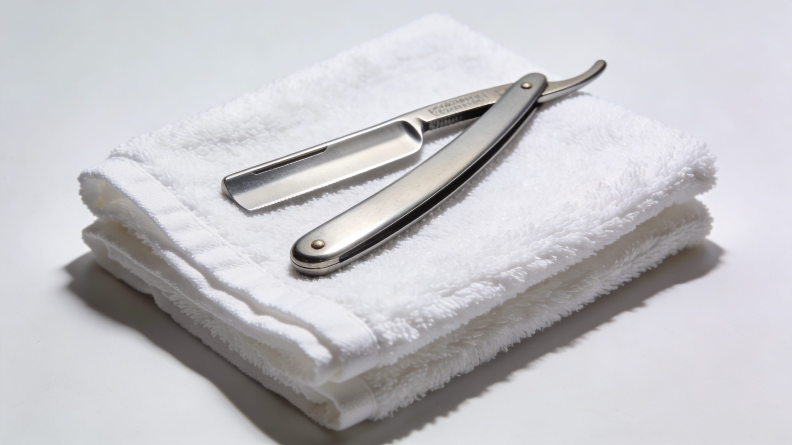 barber’s straight razor on folded white towel, studio lighting