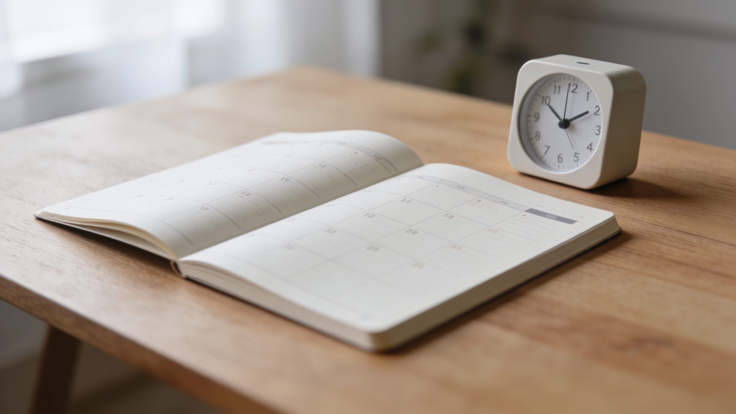 minimalist desk timer beside open planner, shallow depth of field