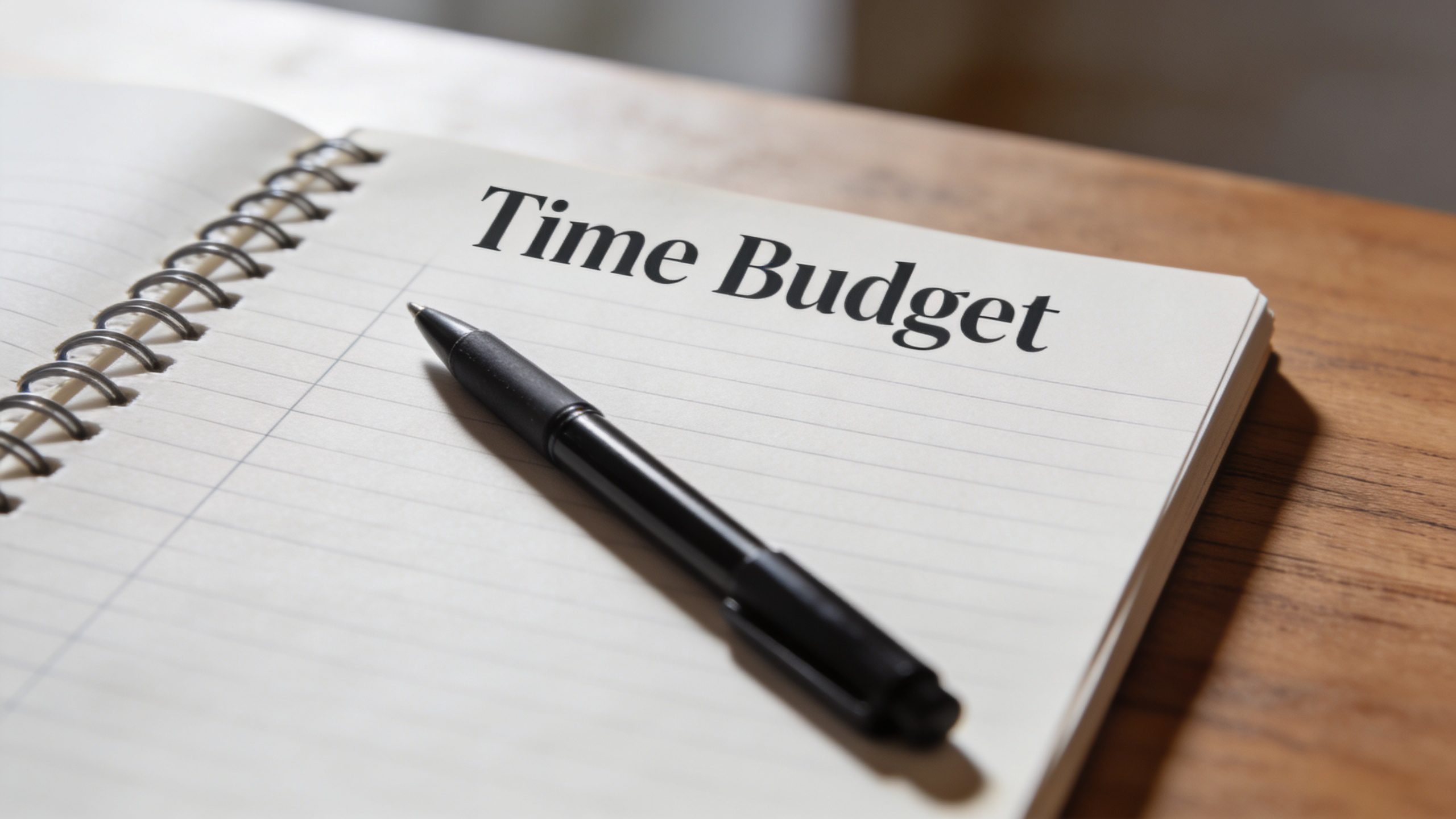 single spiral notebook labeled “Time Budget,” open with pen