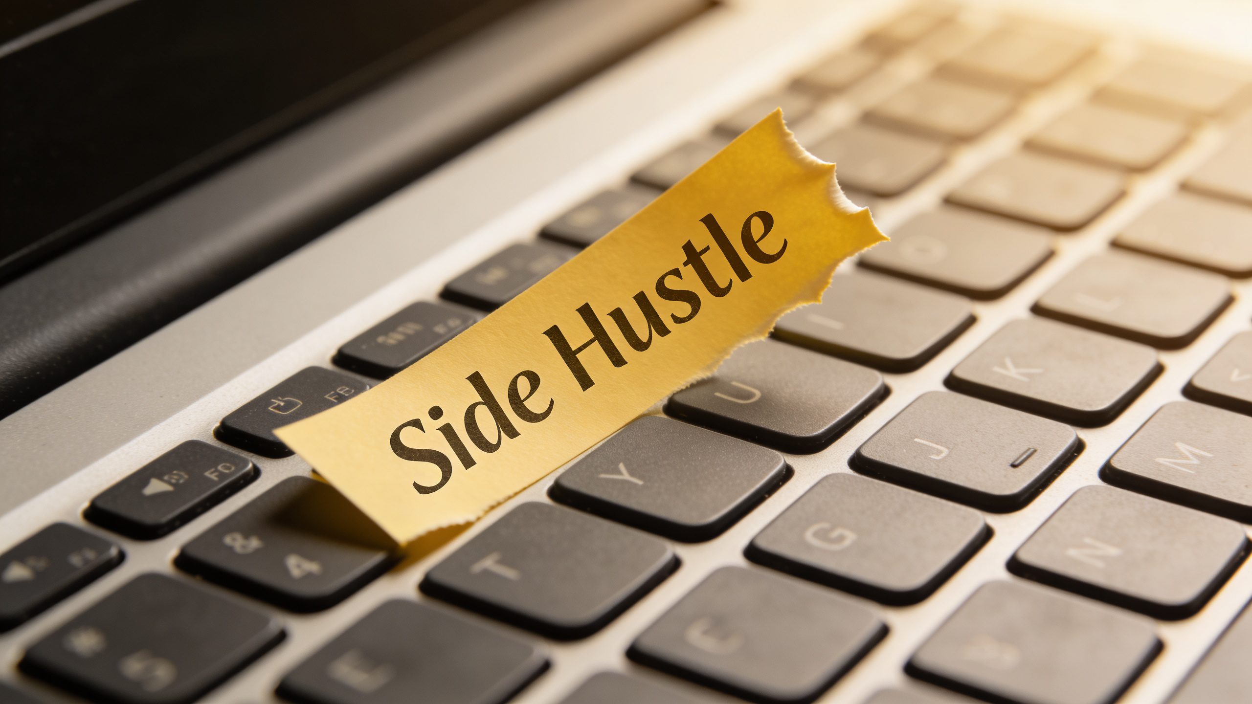 closeup of laptop keyboard with “Side Hustle” sticky note