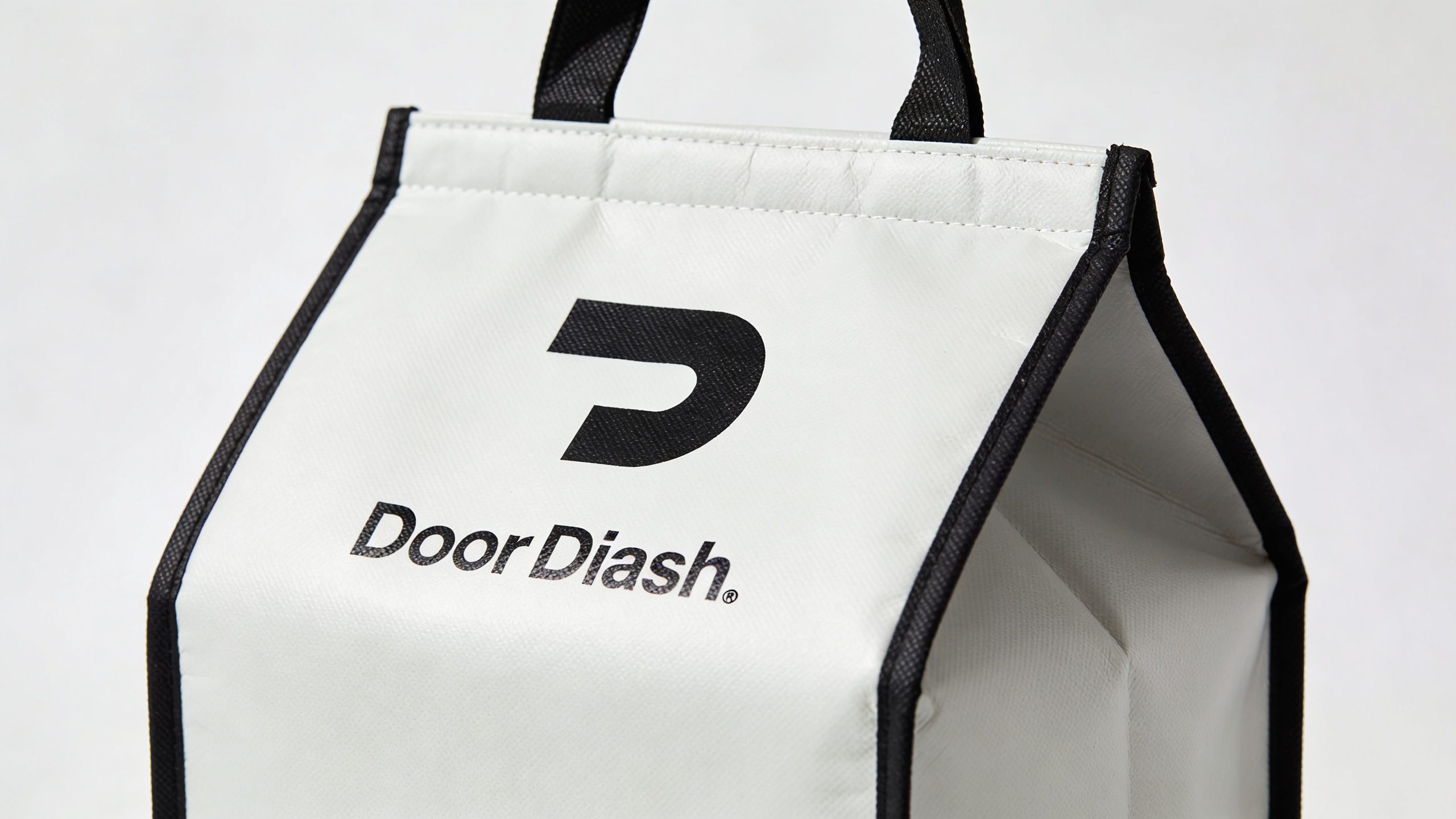 single insulated food delivery bag with DoorDash logo, studio lit