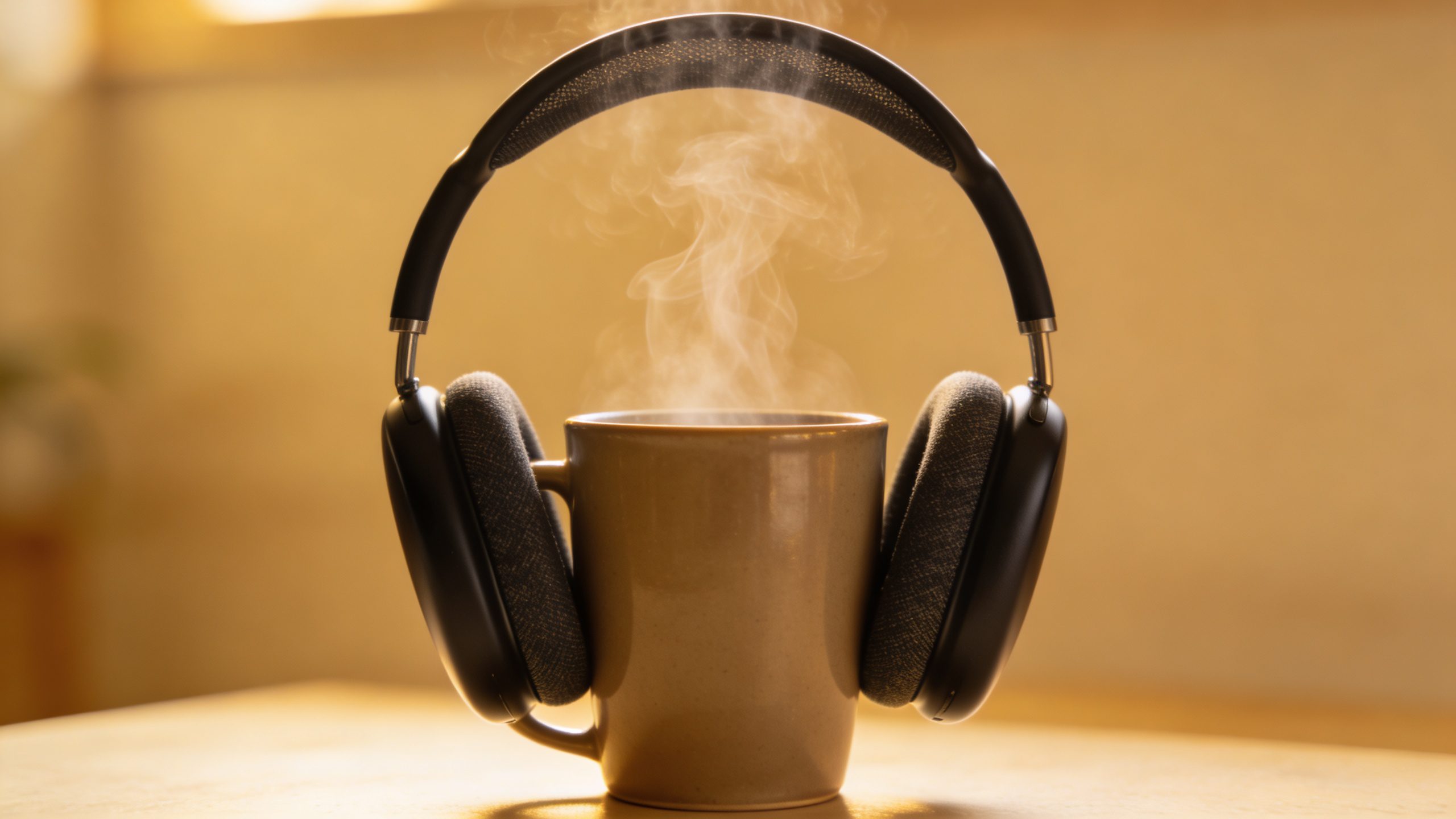 closeup of noise-canceling headphones on steaming mug