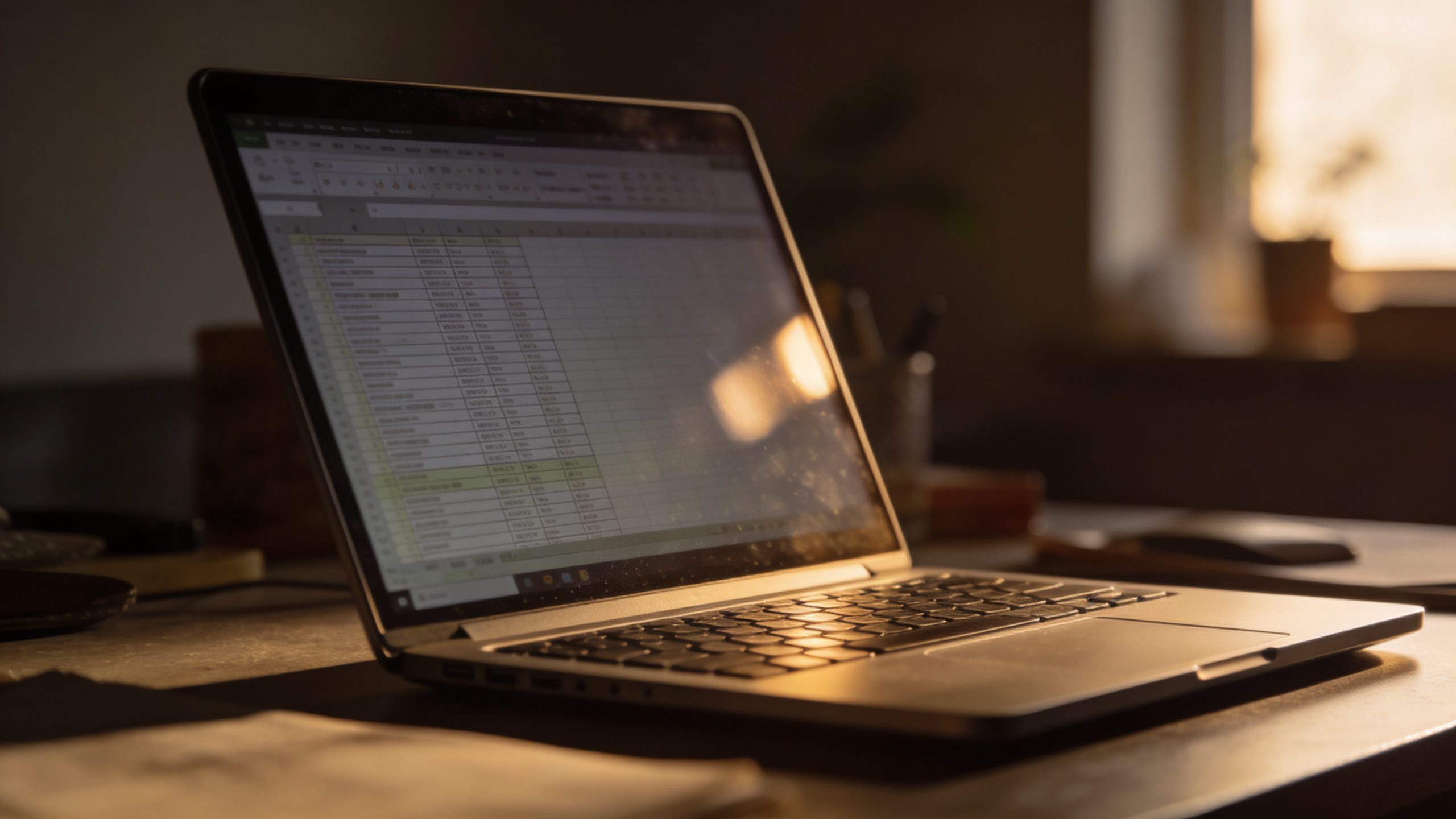 closeup of a single laptop with spreadsheet, dim home desk