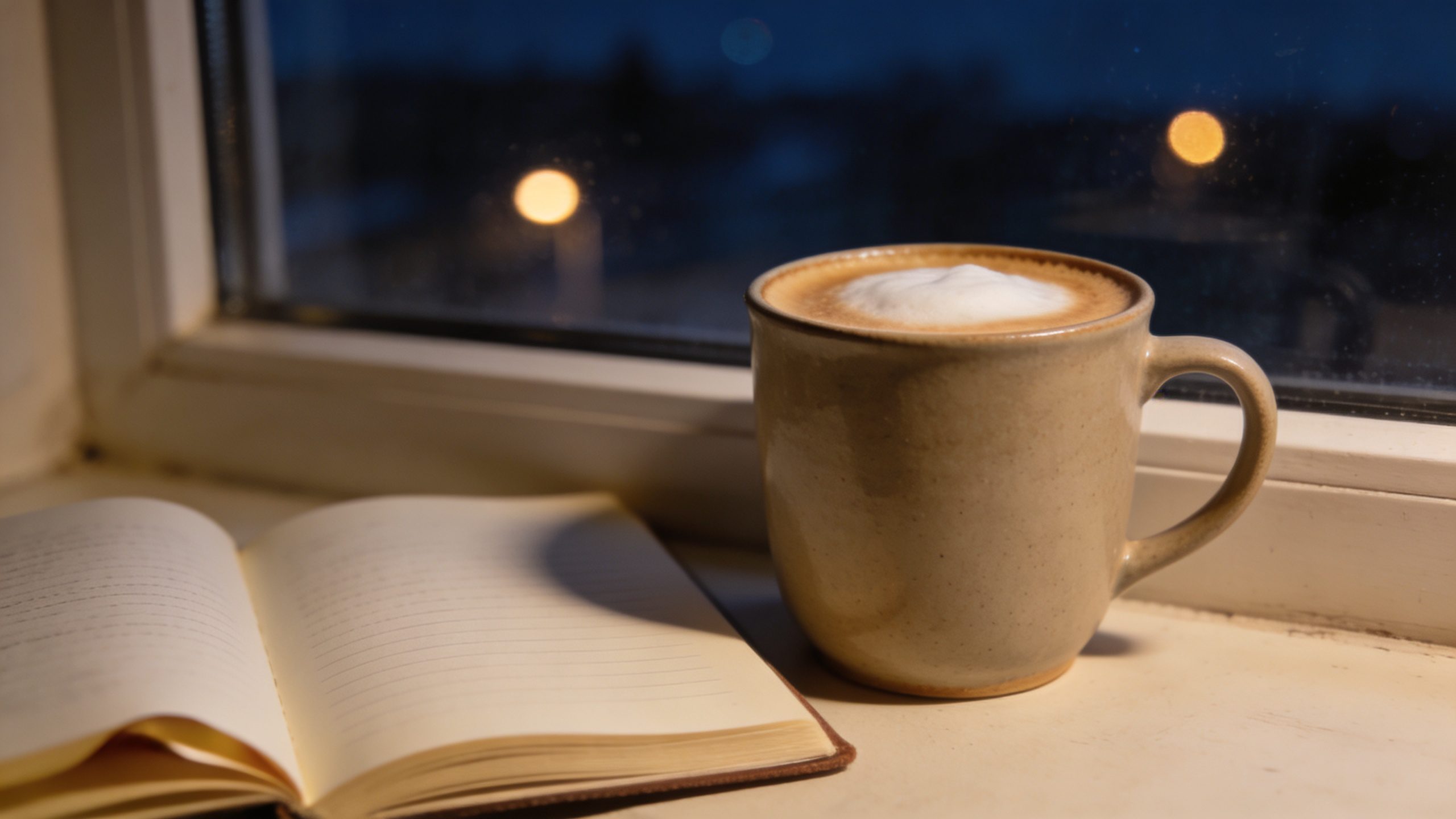 latte in ceramic mug beside open notebook at night window