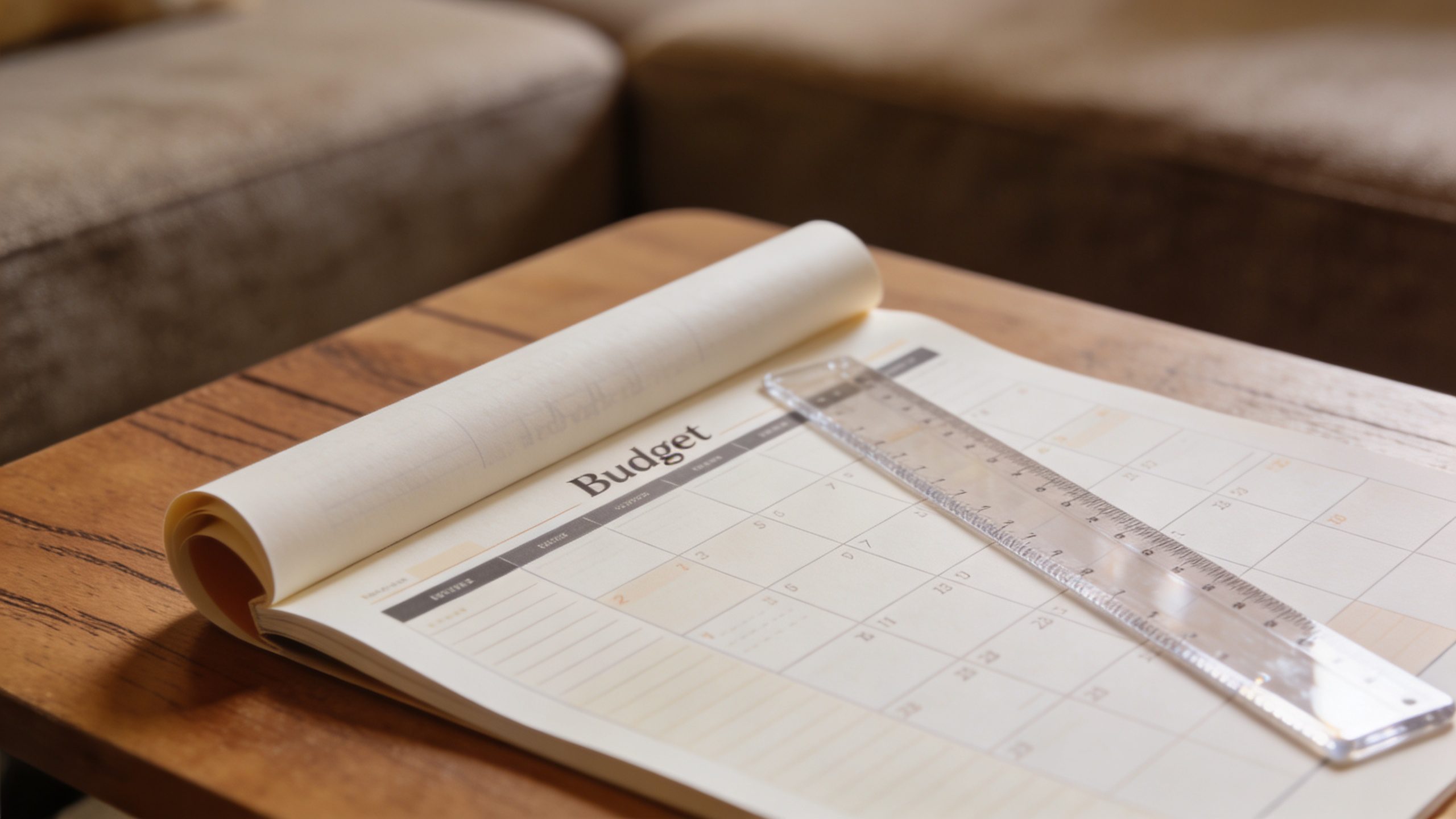 closeup of a hybrid budget planner printouts and a ruler on a coffee table