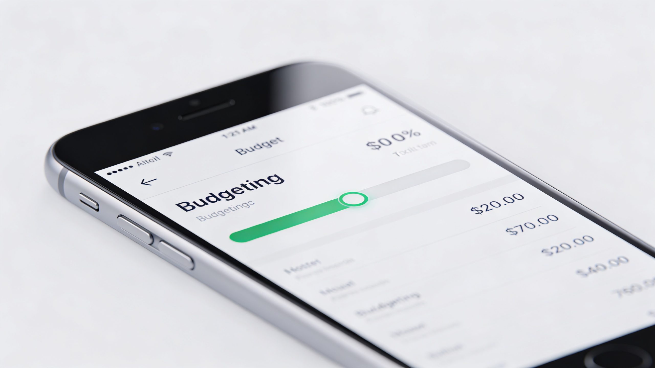 Closeup of a smartphone screen displaying a budgeting app with a green progress bar