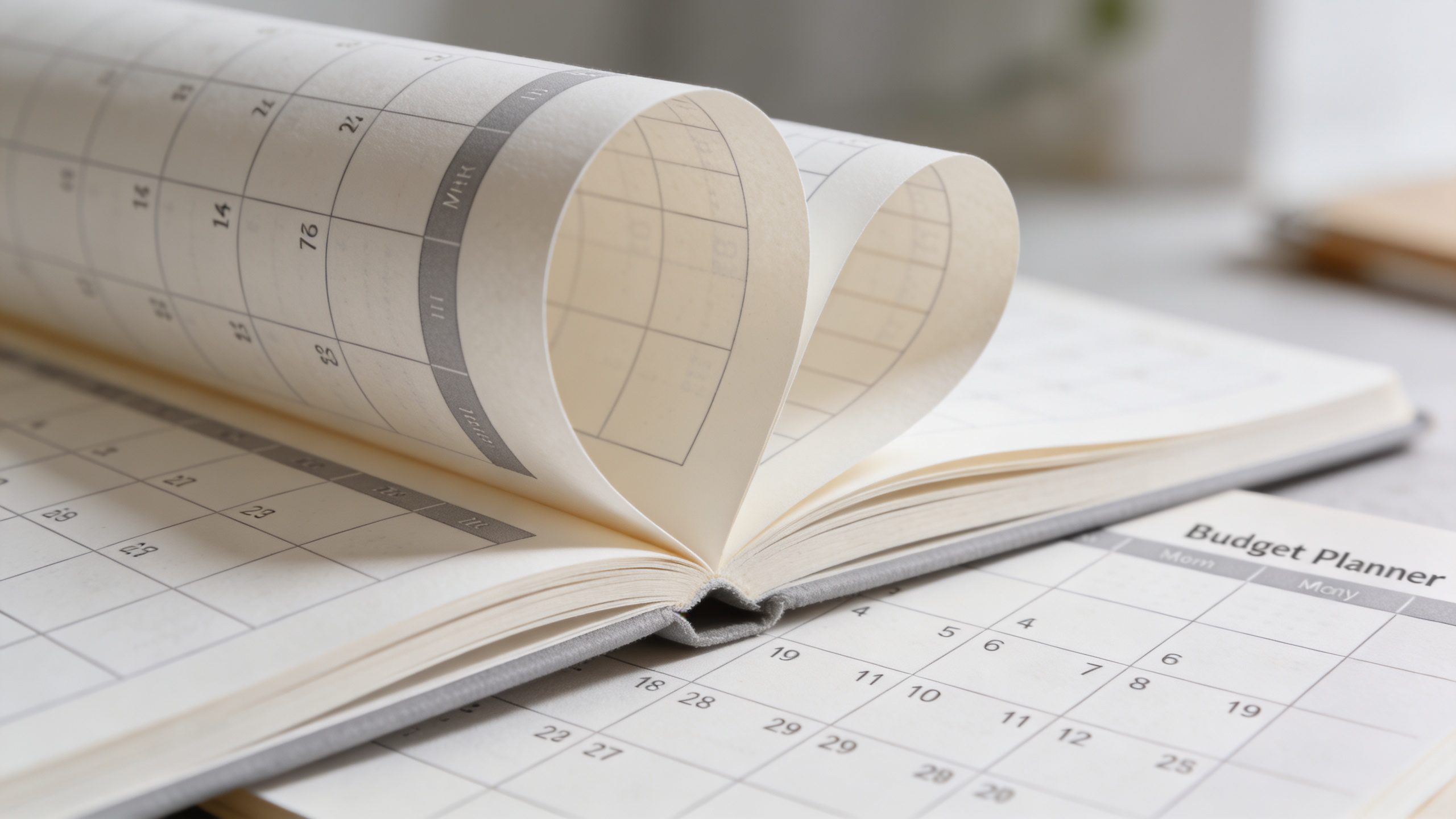 Closeup of a budget planner notebook open to a monthly layout