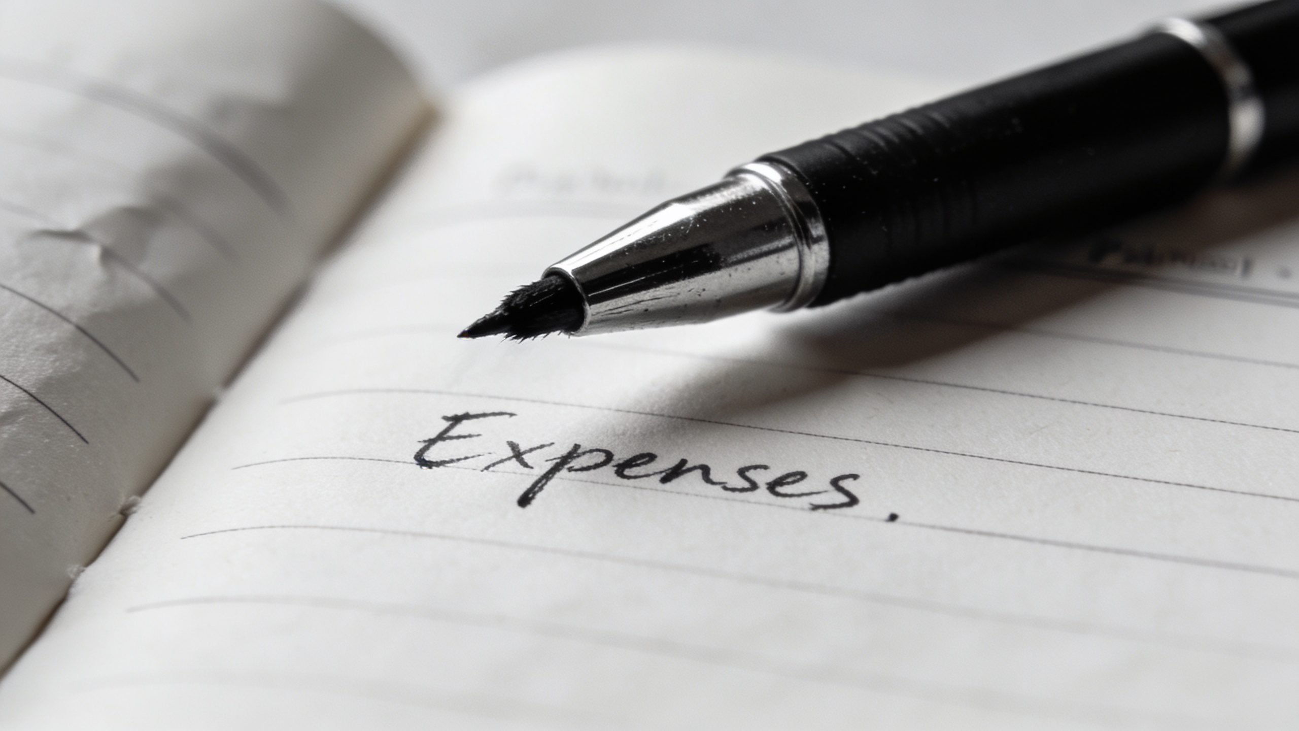Closeup of a black ink pen jotting expenses in a simple planner