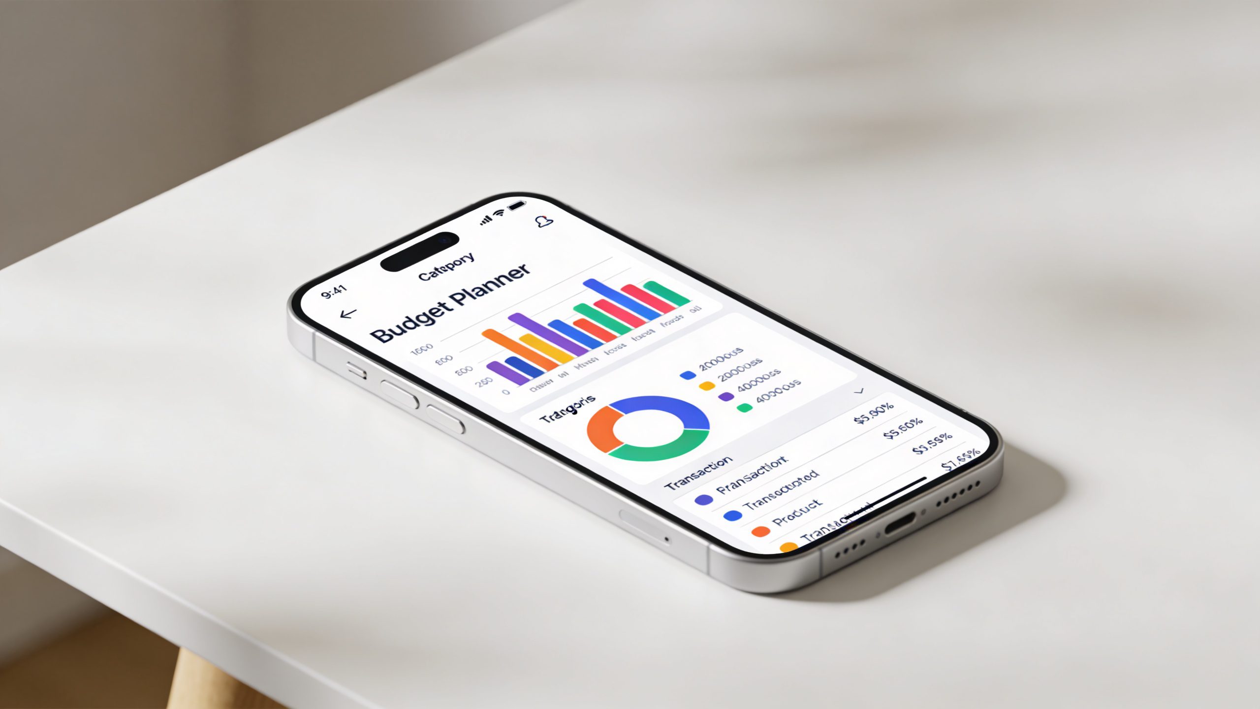 Closeup of a smartphone showing budget planner interface on a clean desk