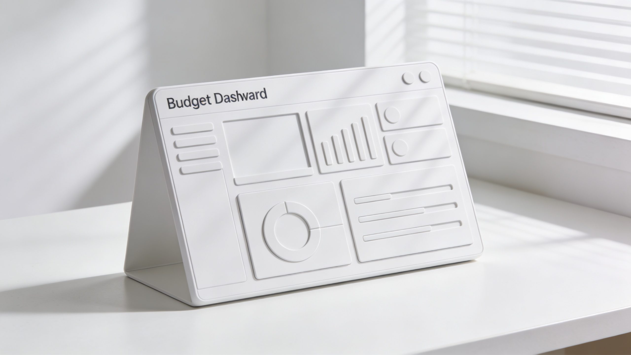 closeup of a minimalist budget dashboard on a clean white desk