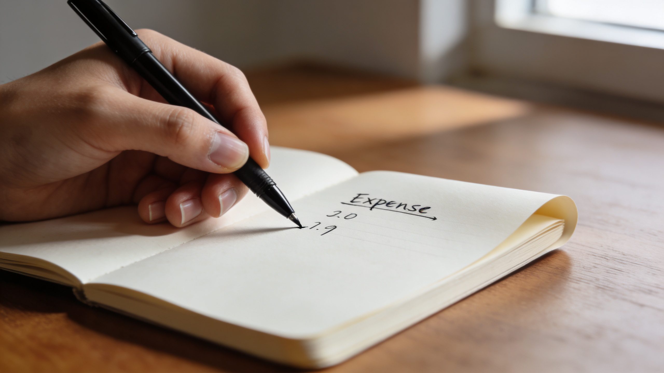 closeup of a hand logging a simple expense in a plain notebook