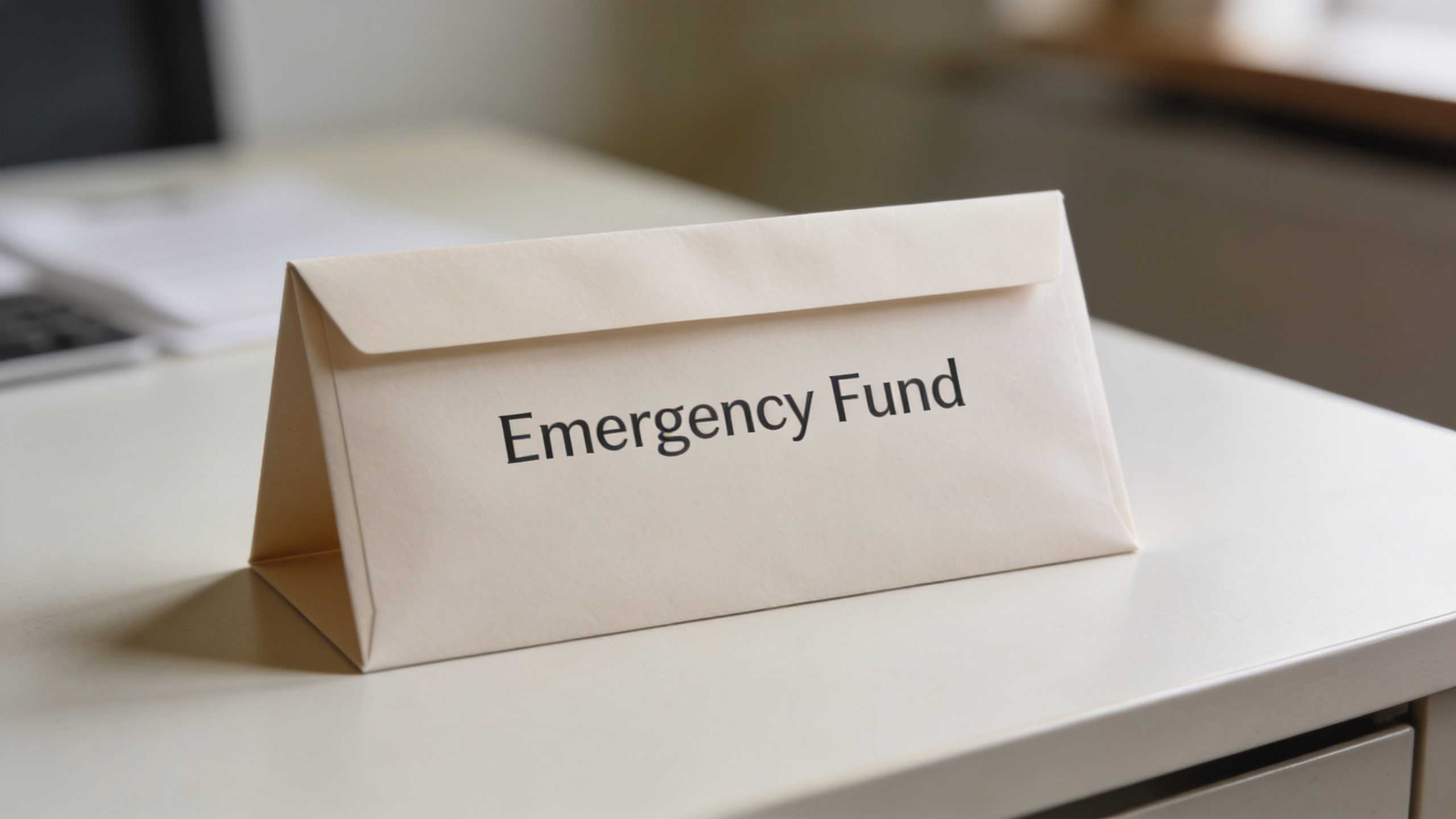 closeup of a single envelope labeled “Emergency Fund” on a clean desk