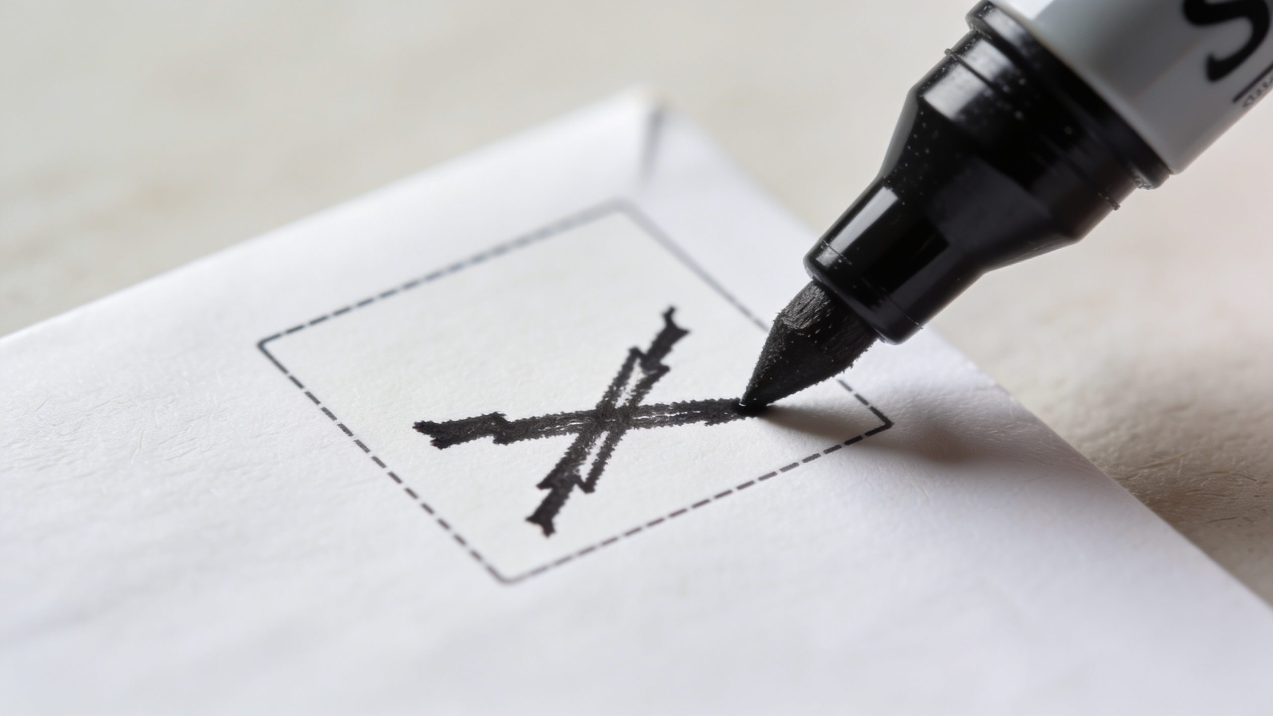 Focused image of a sharpie crossing out category on envelope label