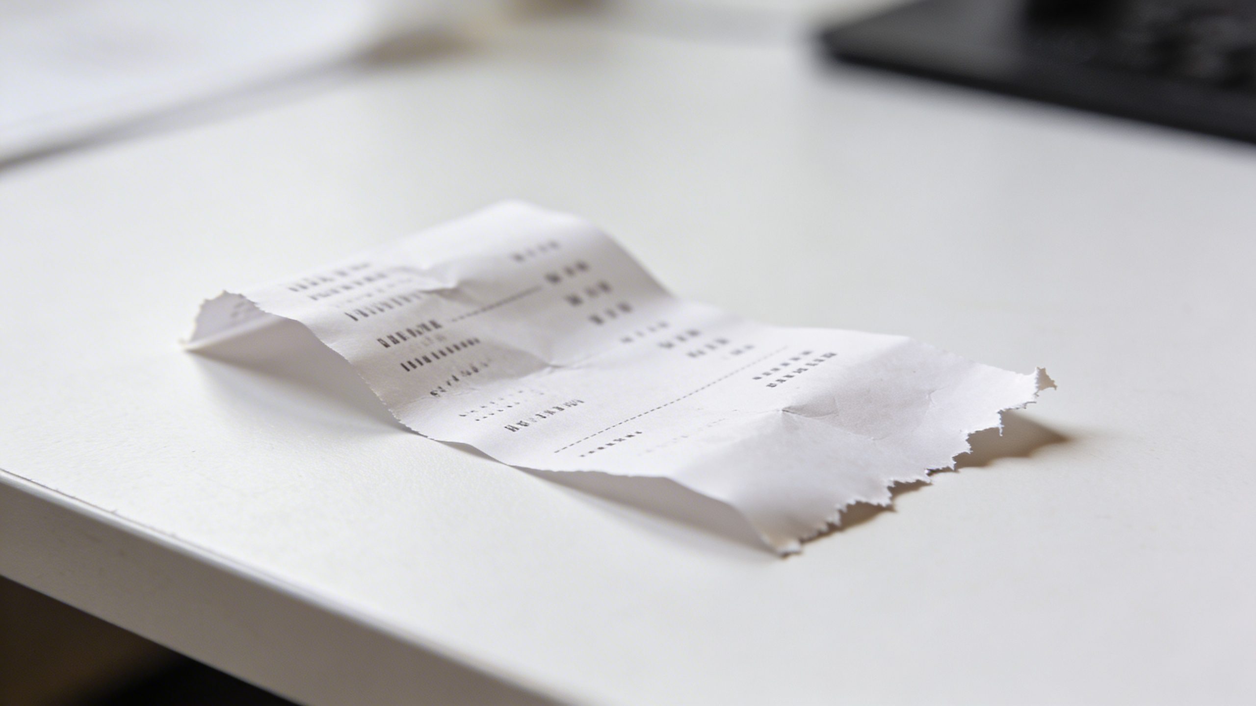 Closeup of a single receipt with torn edges on a white desk