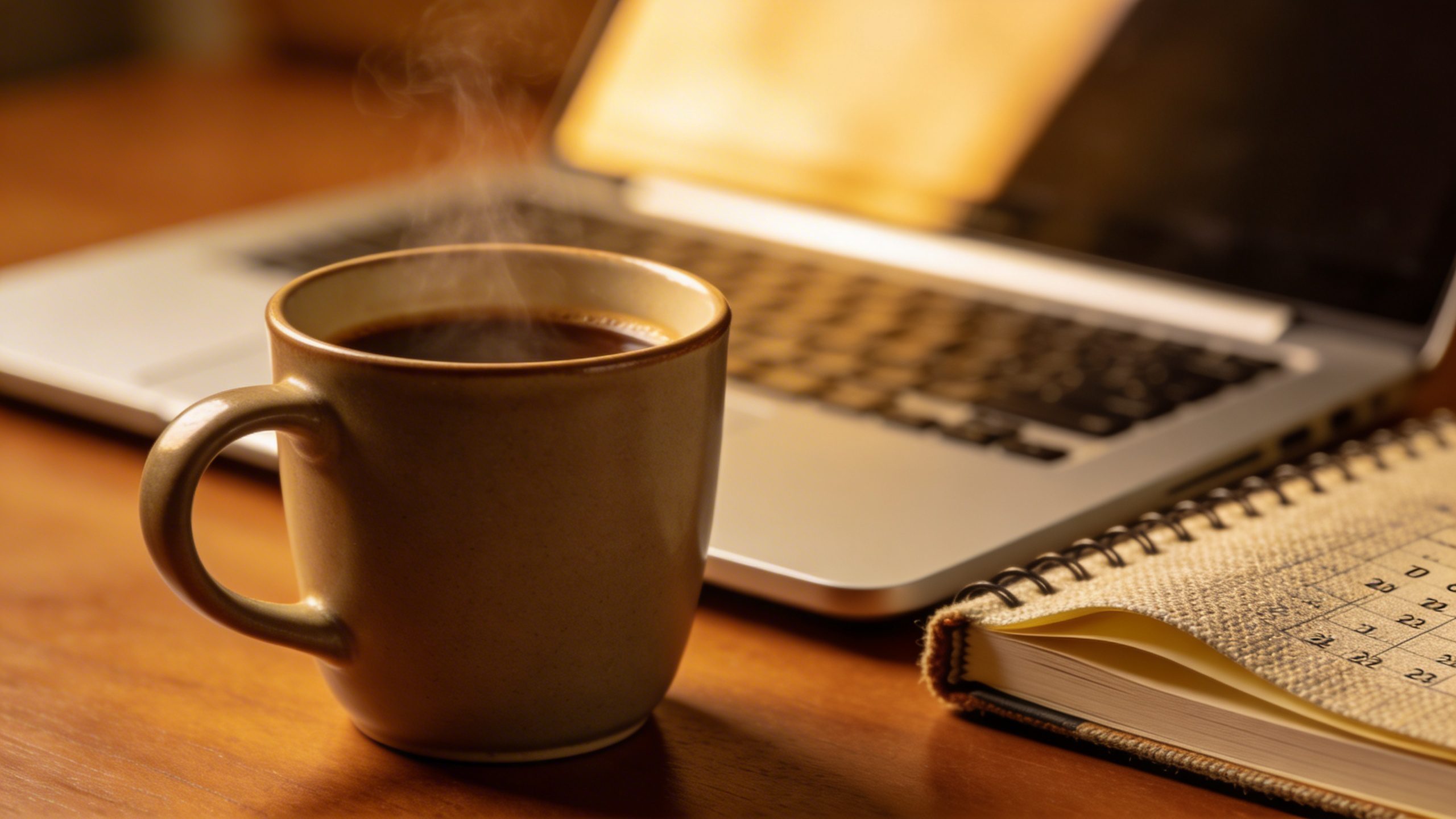 Closeup of a single coffee cup with laptop budgeting notebook