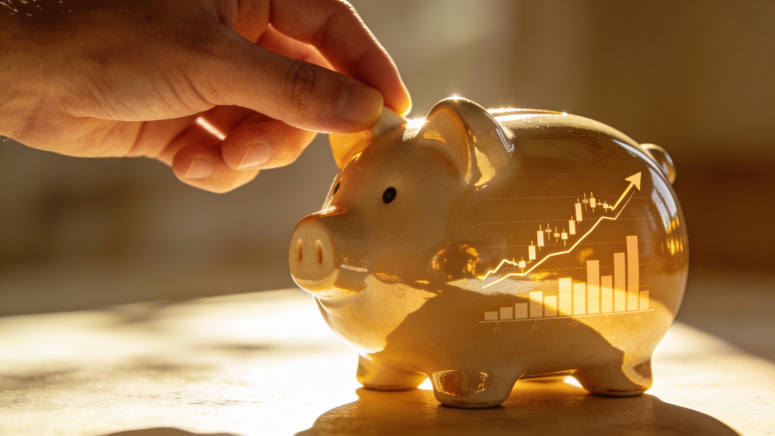 Closeup of a hand adjusting a piggy bank with a rising prices chart reflection
