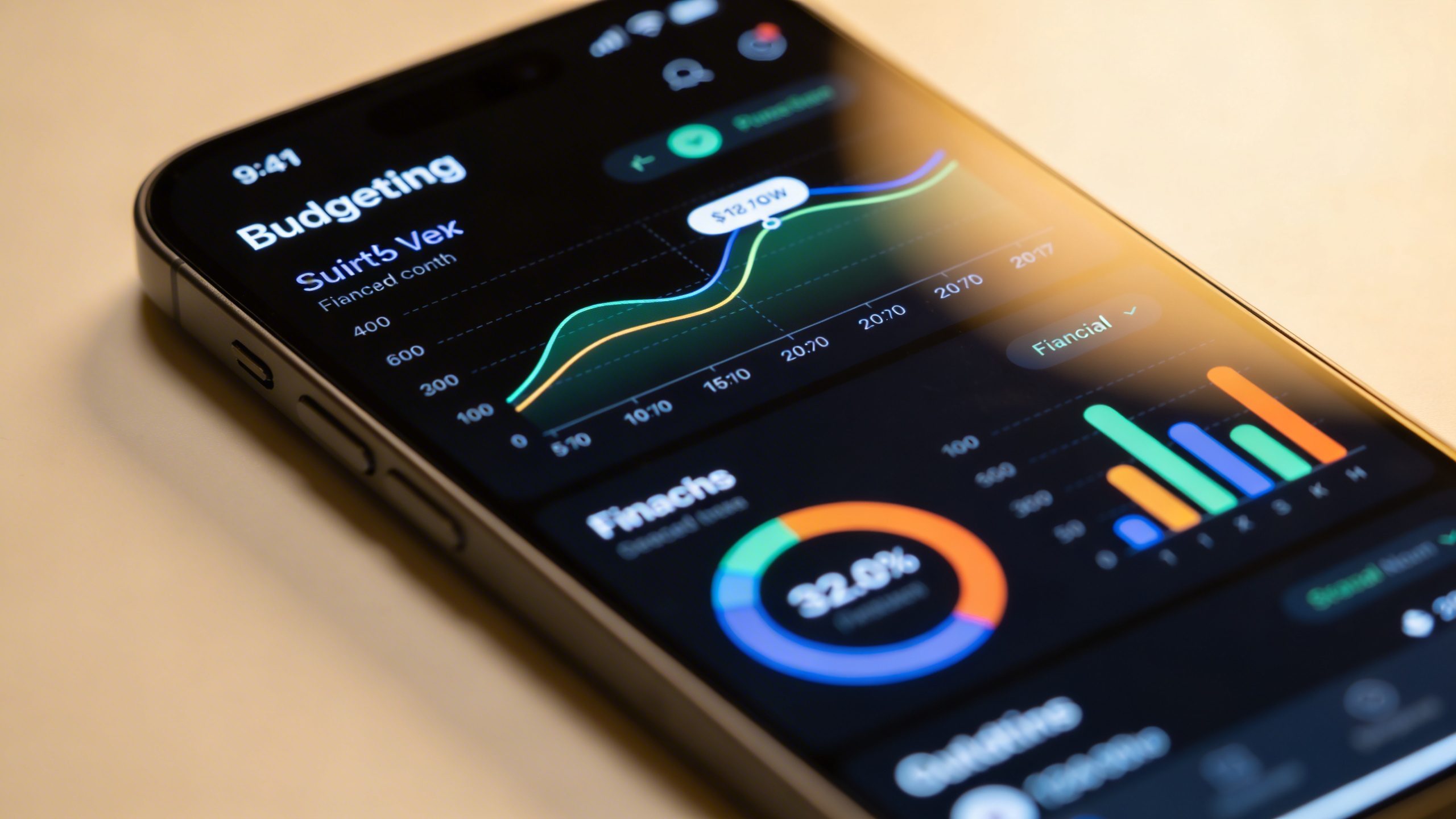 Closeup of a smartphone screen showing a budgeting app dashboard, focus on graphs